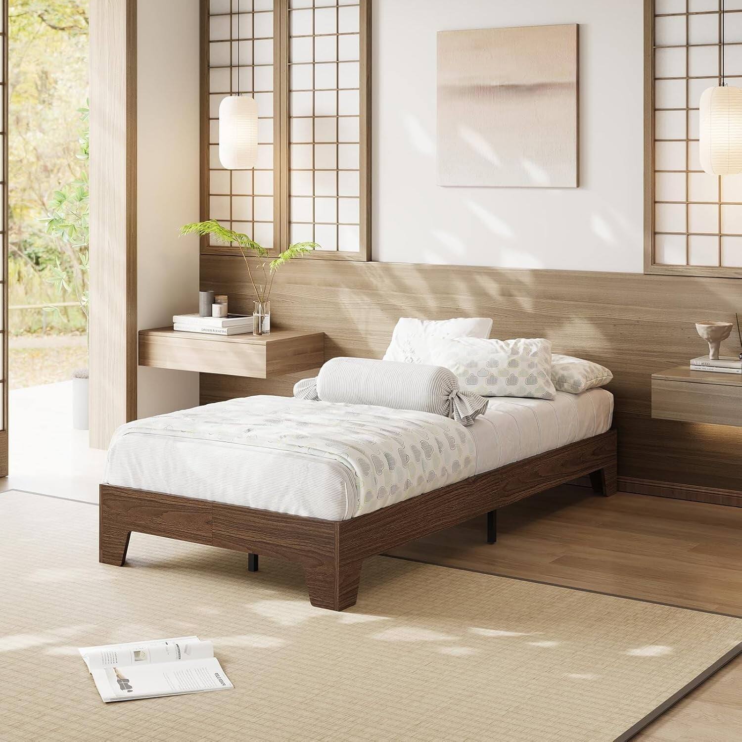 Front. Homhougo - Twin Platform Bed Frame with Underbed Storage, Wood/Metal Slats, Walnut Finish - Walnut.