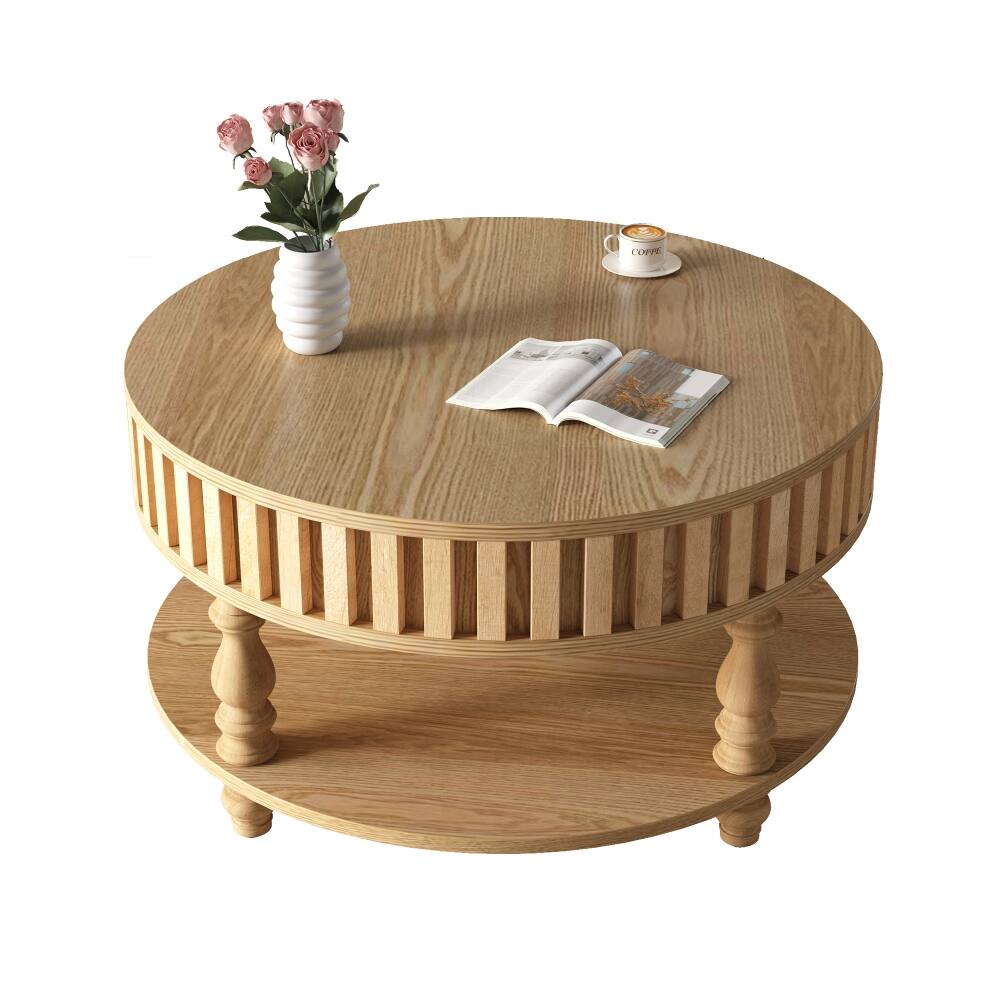 Alt View 10. Loheer - Loheer Mid Century Modern Fluted Coffee Table, Round Center Table with Hidden Storage, 31.5 Inch Natural Wood - Natural Wood.