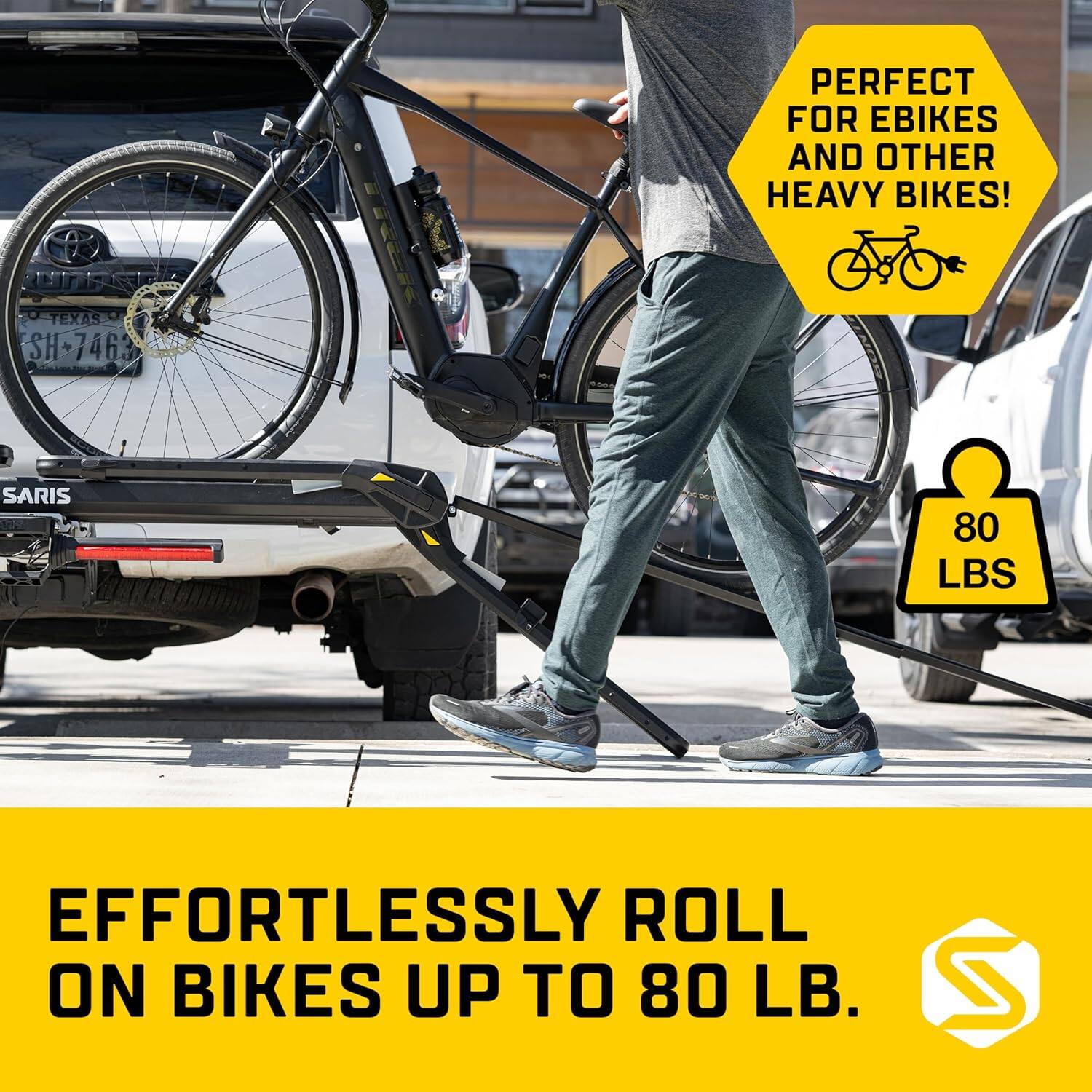 The text on the image reads: "Texas SH 746 Trek Perfect for E-bikes and other heavy bikes! Saris 1 80 LBS Effortlessly roll on bikes up to 80 LB."