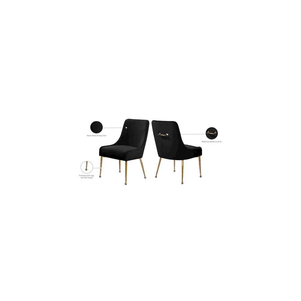 - Black Velvet Upholstery Chair
- Matching Handle on Armrest
- Polished Gold Legs with Wheel Casters