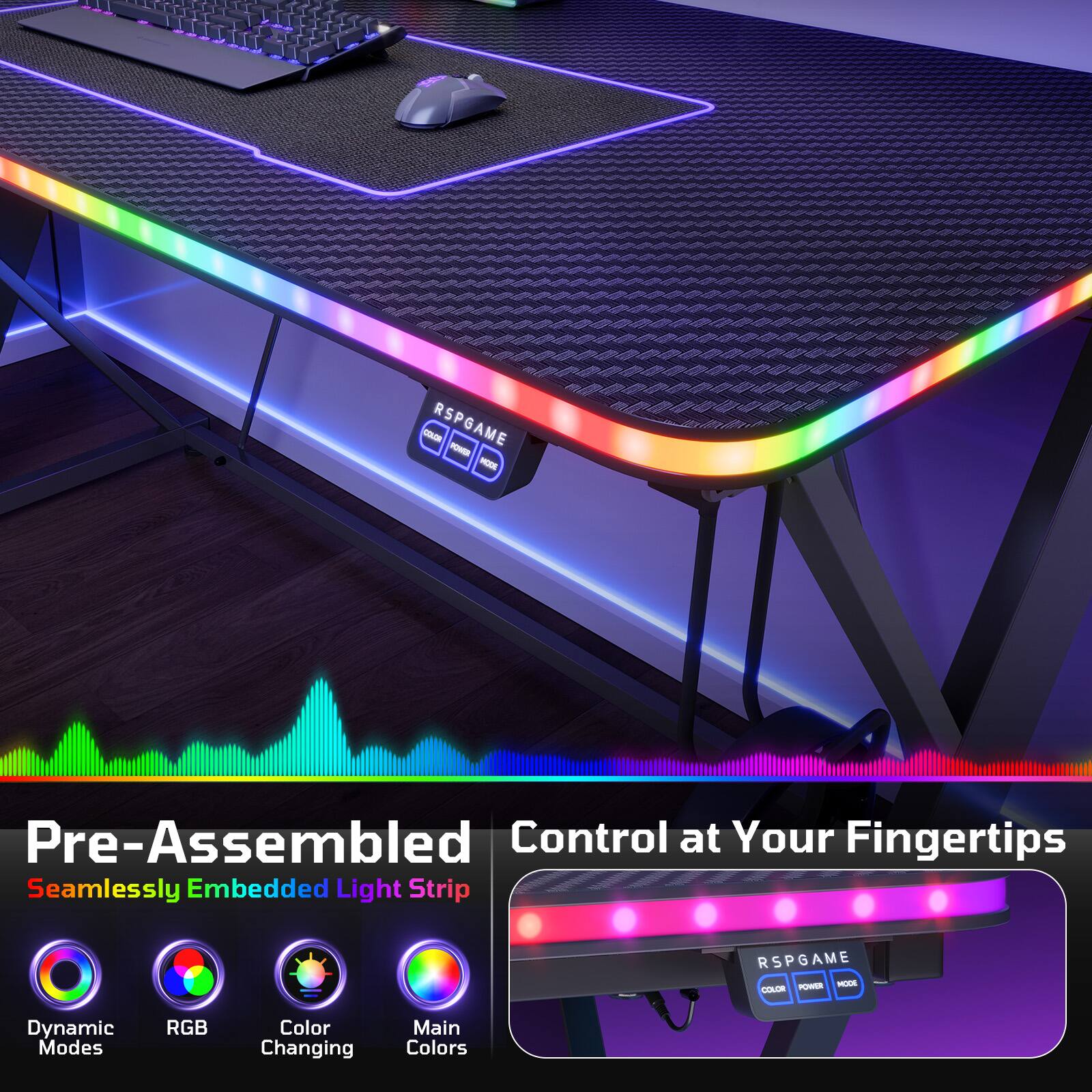 - RSPGAME - Pre-Assembled Control at Your Fingertips Seamlessly Embedded Light Strip
- RSPGAME - MOOE - Dynamic Modes RGB Color Changing Main Colors