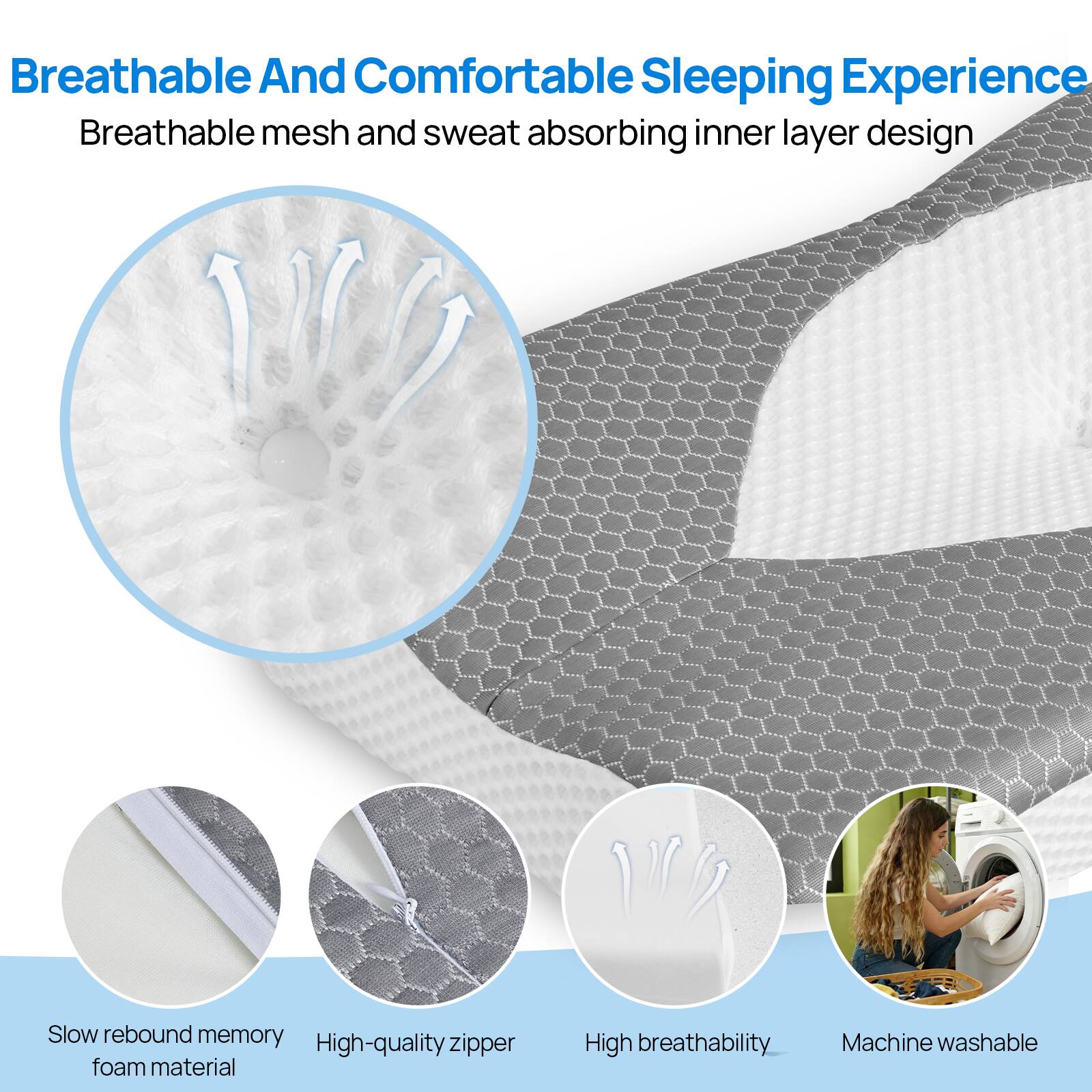 Breathable And Comfortable Sleeping Experience  
Breathable mesh and sweat absorbing inner layer design  

- Slow rebound memory foam material  
- High-quality zipper  
- High breathability  
- Machine washable