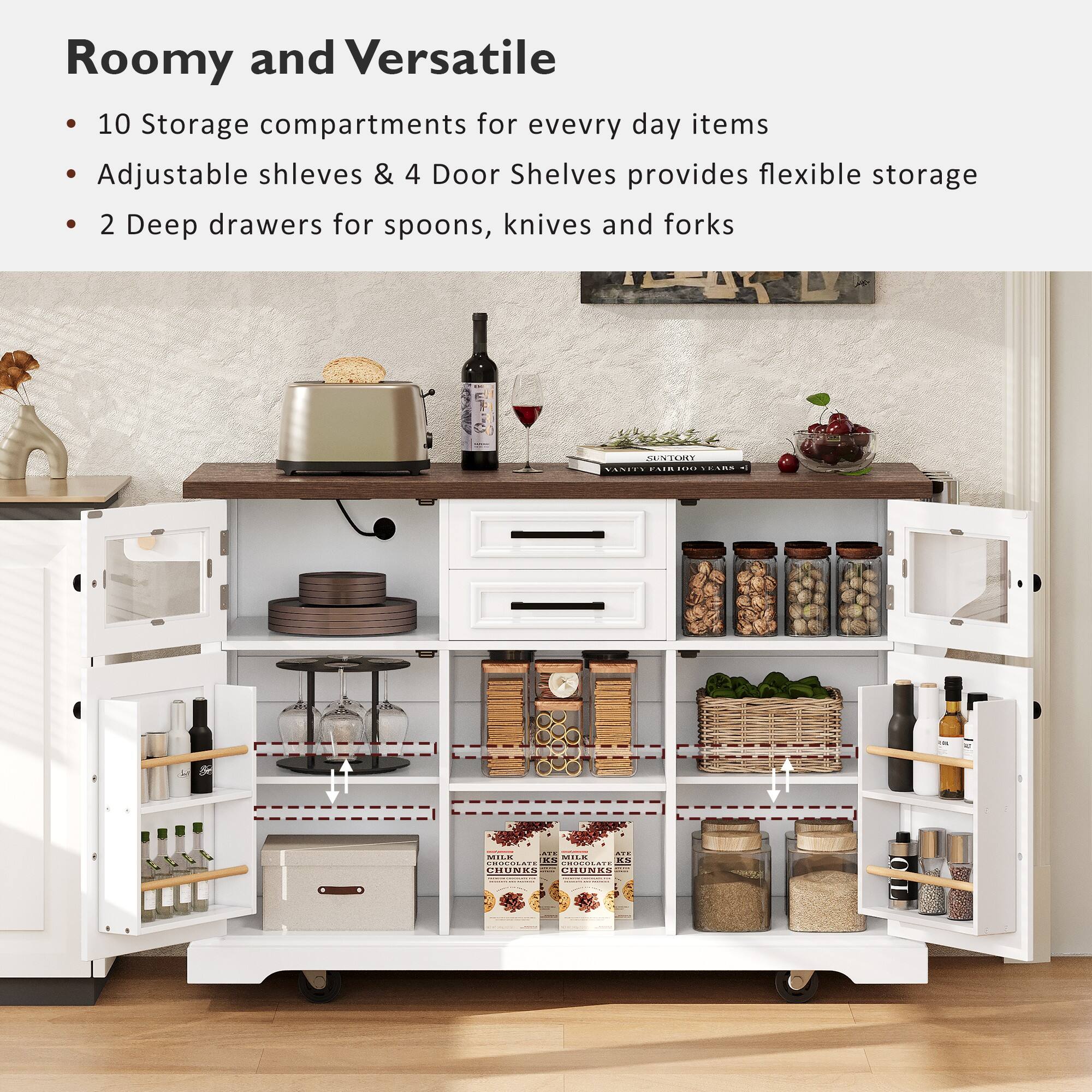 Roomy and Versatile  
- 10 Storage compartments for everyday items  
- Adjustable shelves & 4 Door Shelves provides flexible storage  
- 2 Deep drawers for spoons, knives and forks