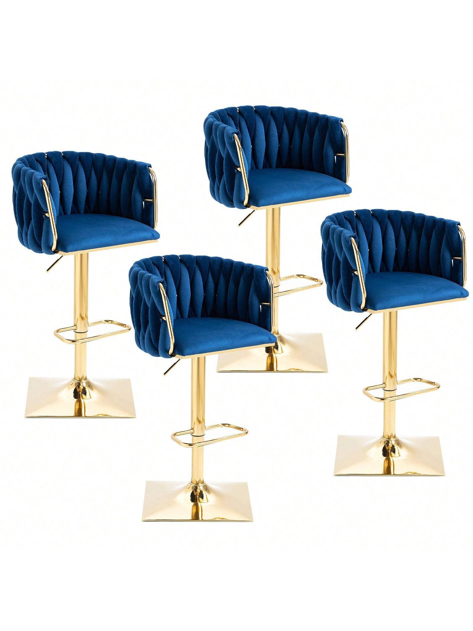 Trinkets Crazed - Swivel Velvet Bar Stool Set Of 4, Adjustable Comfy Counter Height Barstool, Modern Dining Chair With Woven Back - Navy