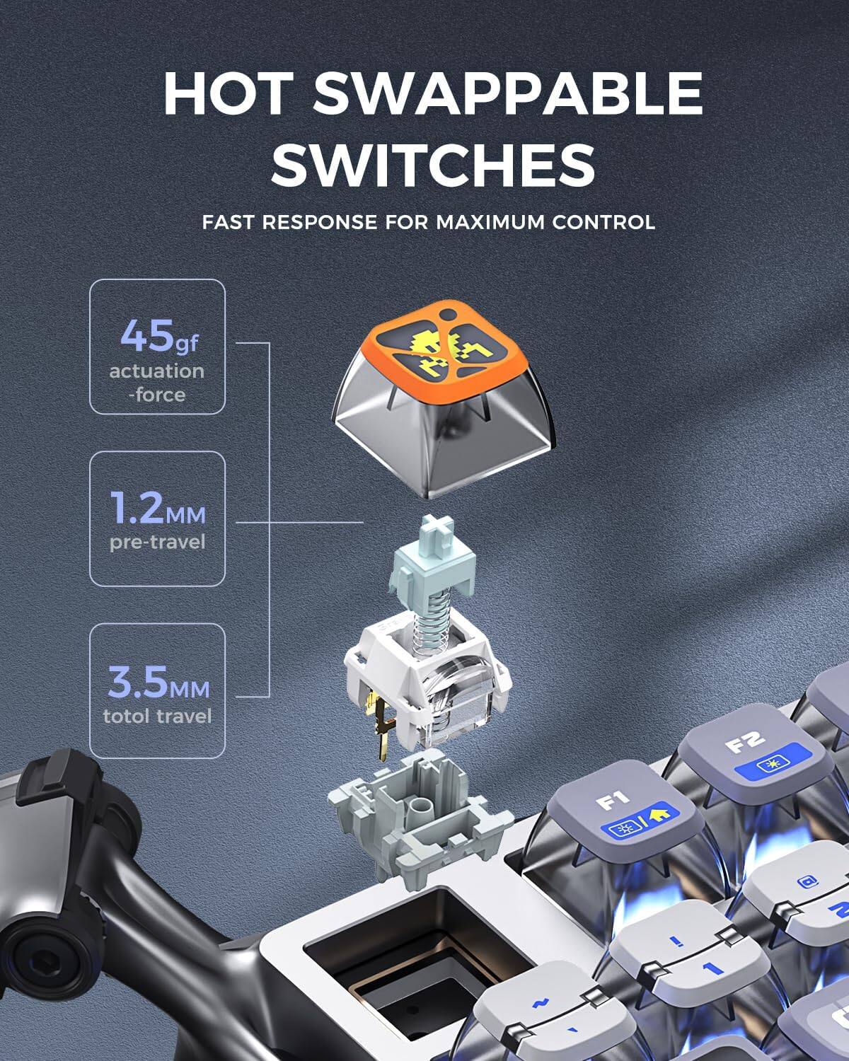 HOT SWAPPABLE SWITCHES  
FAST RESPONSE FOR MAXIMUM CONTROL  

45gf actuation force  
1.2mm pre-travel  
3.5mm total travel  

F1 F2 C ! 1 2