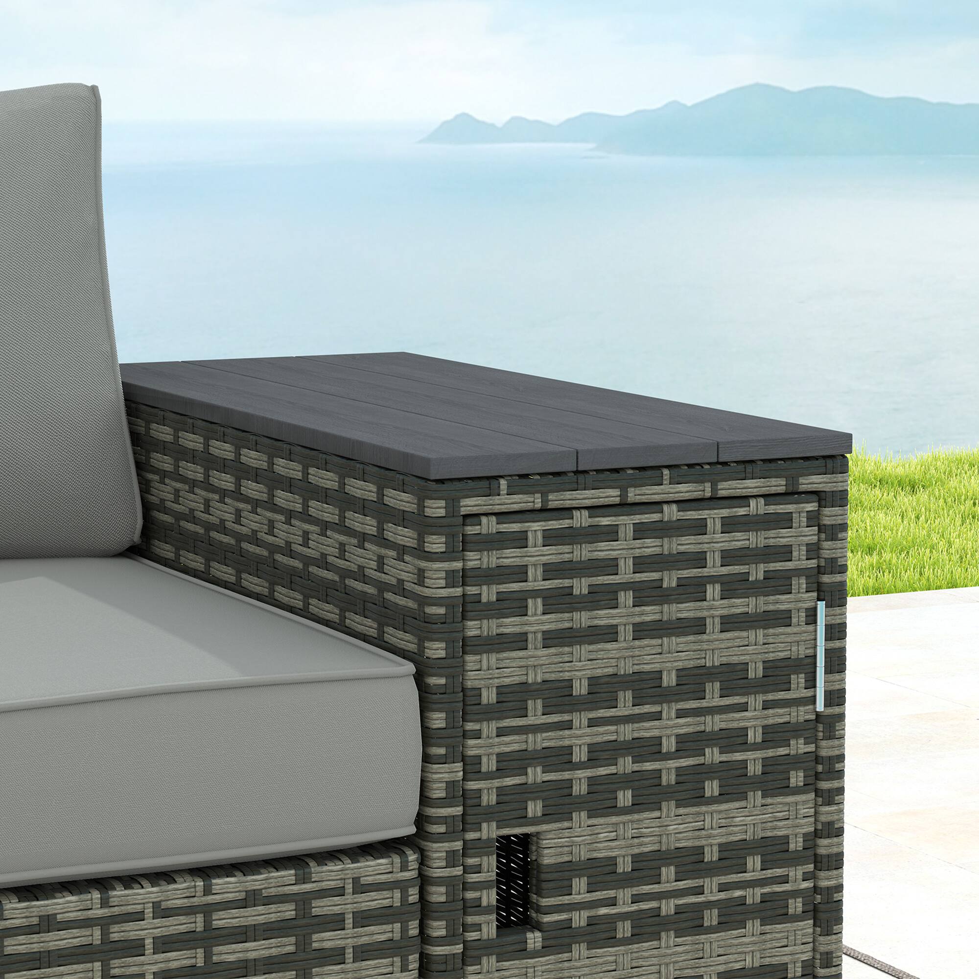 Alt View 7. Outsunny - 3 Seater Wicker Sofa with 2 Storage Side Tables and Thickened Cushions, Rattan Outdoor Patio Sofa with Wide Armrests - Gray.