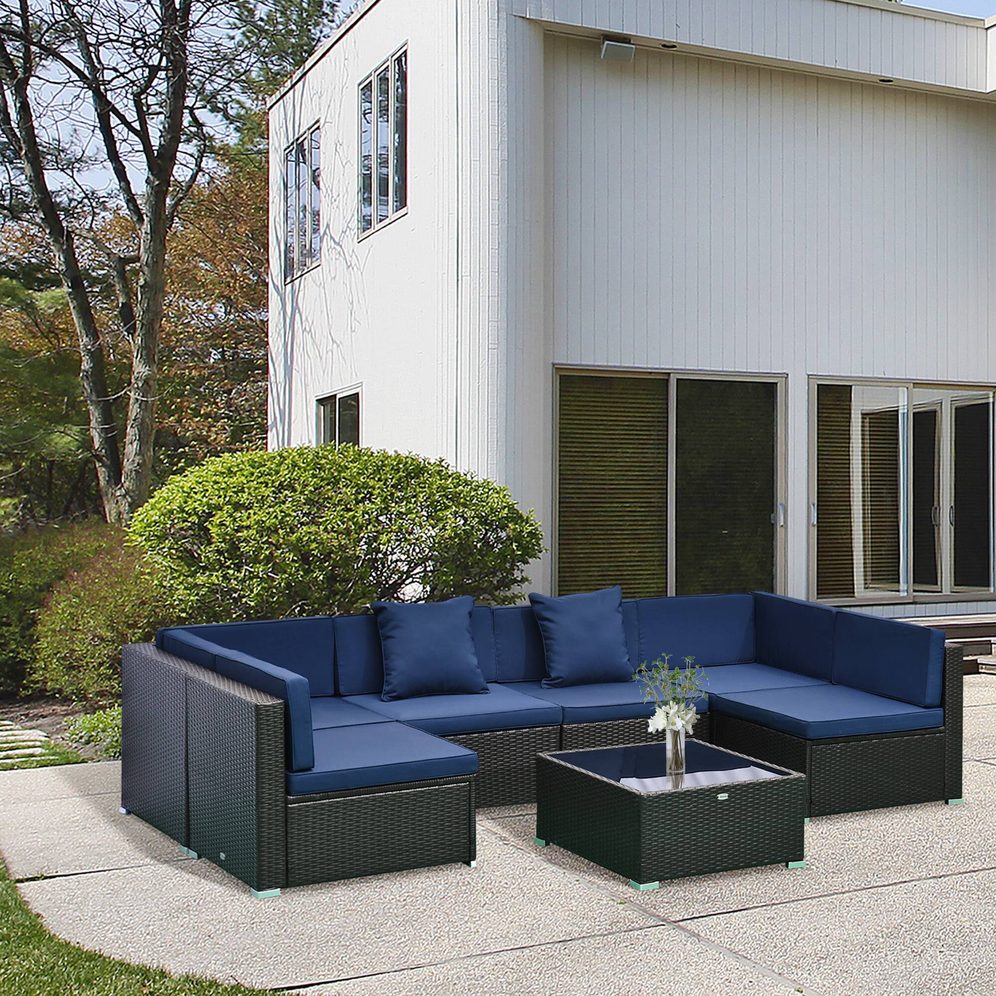 Alt View 1. Outsunny - 7-Piece Patio Furniture Set, Outdoor Wicker Conversation Set, All Weather PE Rattan Sectional Sofa Set - Blue.