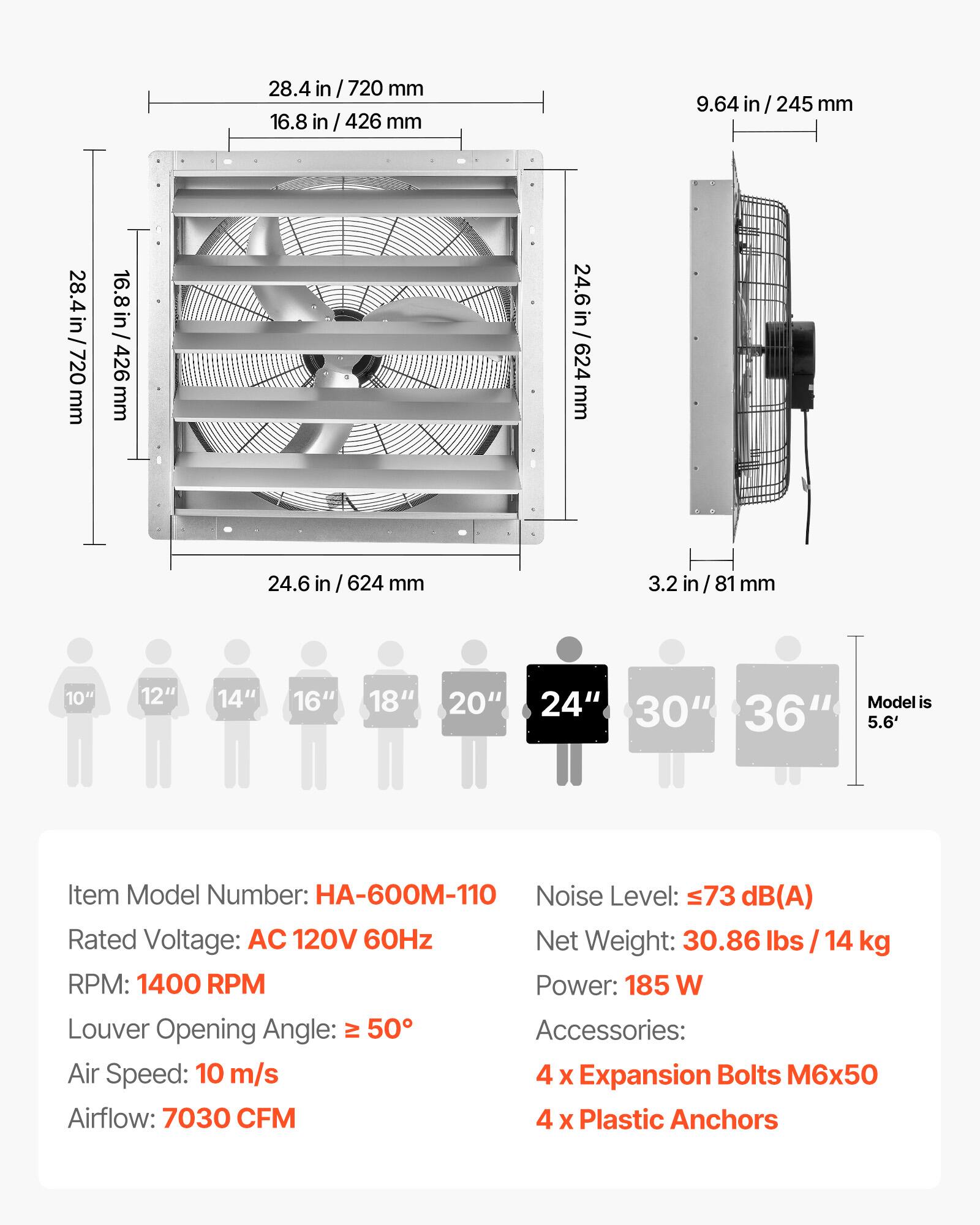 28.4 in / 720 mm  
16.8 in / 426 mm  
9.64 in / 245 mm  
24.6 in / 624 mm  
3.2 in / 81 mm  

10" 12" 14" 16" 18" 20" 24" 30" 36"  
Model is 5.6'  

Item Model Number: HA-600M-110  
Noise Level: ≤73 dB(A)  
Rated Voltage: AC 120V 60Hz  
Net Weight: 30.86 lbs / 14 kg  
RPM: 1400 RPM  
Power: 185 W  
Louver Opening Angle: ≥ 50°  
Air Speed: 10 m/s  
Airflow: 7030 CFM  

Accessories:  
4 x Expansion Bolts M6x50  
4 x Plastic Anchors