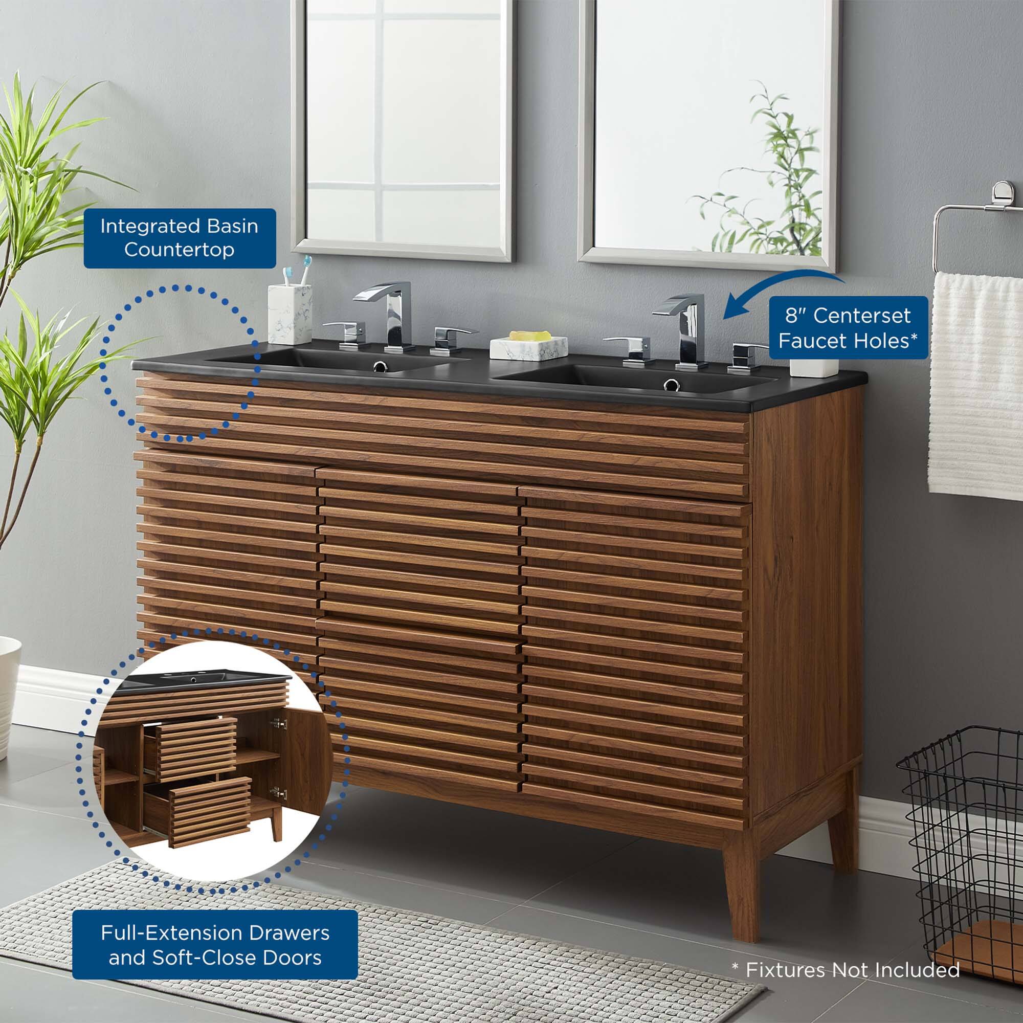 Integrated Basin Countertop  
8" Centerset Faucet Holes*  
Full-Extension Drawers and Soft-Close Doors  
Fixtures Not Included