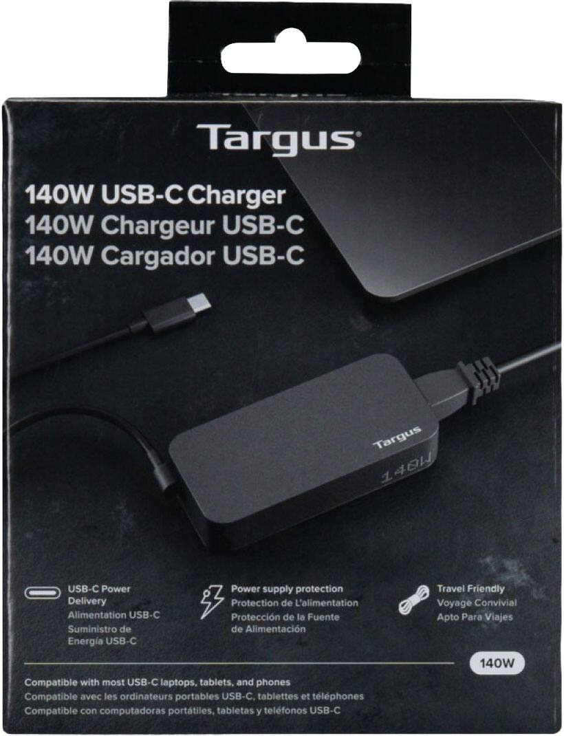 Targus 140W USB-C Charger  
140W Chargeur USB-C  
140W Cargador USB-C  

Targus 140W  
USB-C Power Delivery  
Alimentation USB-C  
Suministro de Energía USB-C  

Power supply protection  
Protection de l'alimentation  
Protección de la Fuente de Alimentación  

Travel Friendly  
Voyage Convivial  
Apto Para Viajes  

140W  

Compatible with most USB-C laptops, tablets, and phones  
Compatible avec les ordinateurs portables USB-C, tablettes et téléphones  
Compatible con computadoras portátiles, tabletas y teléfonos USB-C
