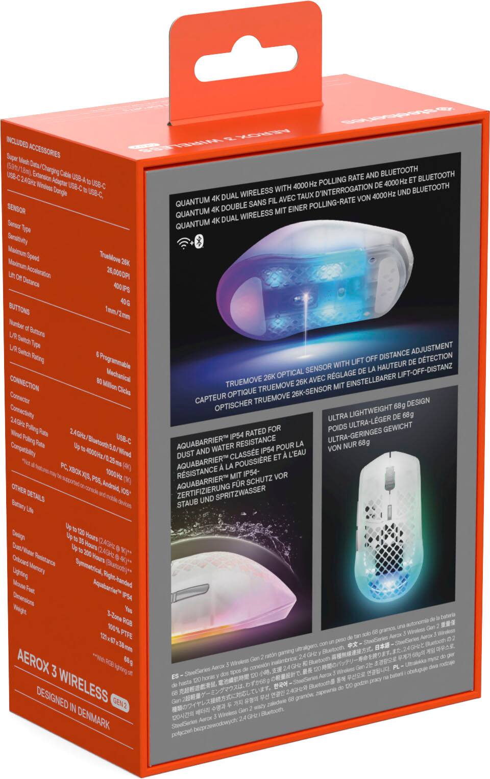 - Included Accessories: Super Mesh Data Cable (59m/18m), USB-C Extension Charging Cable, USB-A to USB-C, 2.4GHz Wireless Dongle USB-C to USB-C
- Sensor: Quantum 4K Dual Wireless, 26,000 DPI, 400 IPS, 40G
- Sensitivity: Maximum Speed, Maximum Acceleration, Lift Off Distance
- Buttons: 6 Programmable Mechanical, 80 Million Clicks
- Connection: USB-C, 2.4GHz, Bluetooth, 4000Hz Polling Rate
- Compatibility: PC, Xbox, PS5, Android, iOS
- Other Details: Battery Life, Onboard Memory, RGB Lighting, Mouse Feet, Dimensions, Weight
- Design: Dust/Water Resistance, Symmetrical, Right-Handed
- TrueMove 26K Optical Sensor with Lift-Off Distance Adjustment
- Ultra Lightweight Design: 68g
- Aquabarrrier™ IP54 Rated for Dust and Water Resistance
- AERQX 3 Wireless, Designed in Denmark