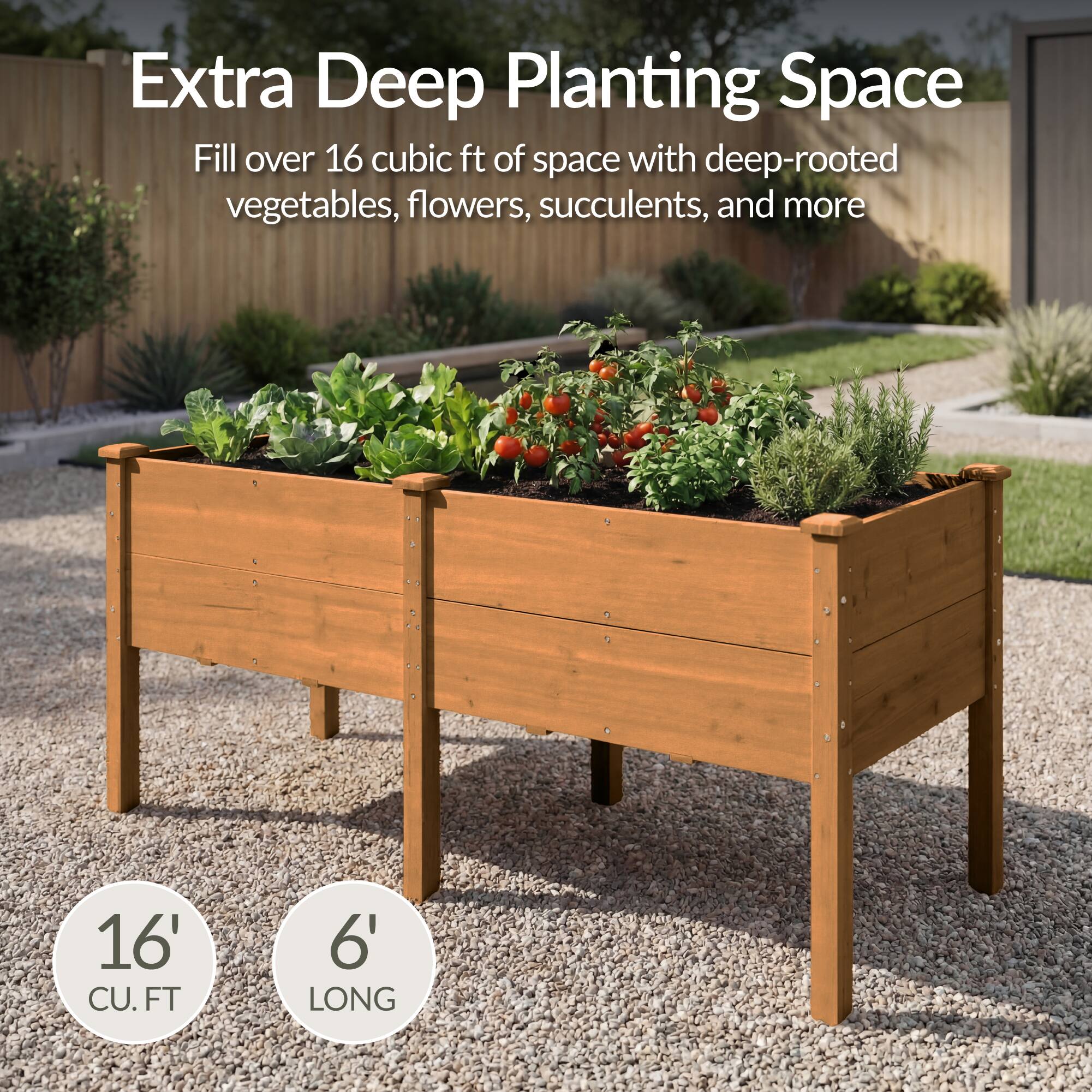 Extra Deep Planting Space

Fill over 16 cubic ft of space with deep-rooted vegetables, flowers, succulents, and more

16' CU. FT

6' LONG