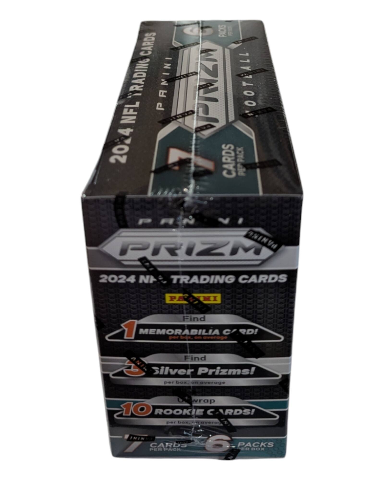 2024 NFL TRADING CARDS  
PRIZM  
PANINI  

Find 1 MEMORABILIA CARD!  
Find 3 Silver Prizms!  
Find 10 ROOKIE CARDS!  

6 PACKS PER BOX  
1 CARD PER PACK
