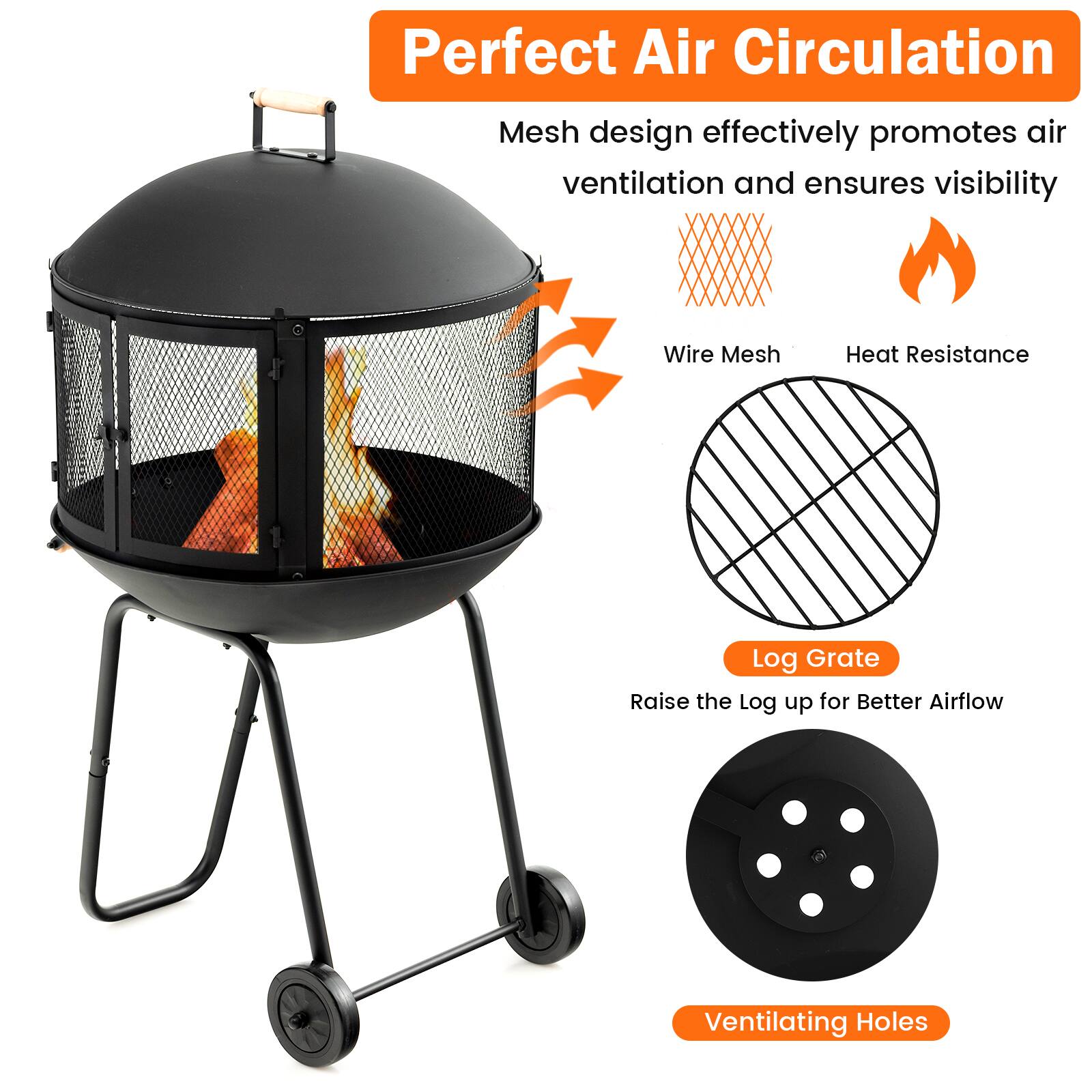 Perfect Air Circulation: Mesh design effectively promotes air ventilation and ensures visibility. Wire Mesh Heat Resistance: Log Grate raises the log up for better airflow. Ventilating Holes: