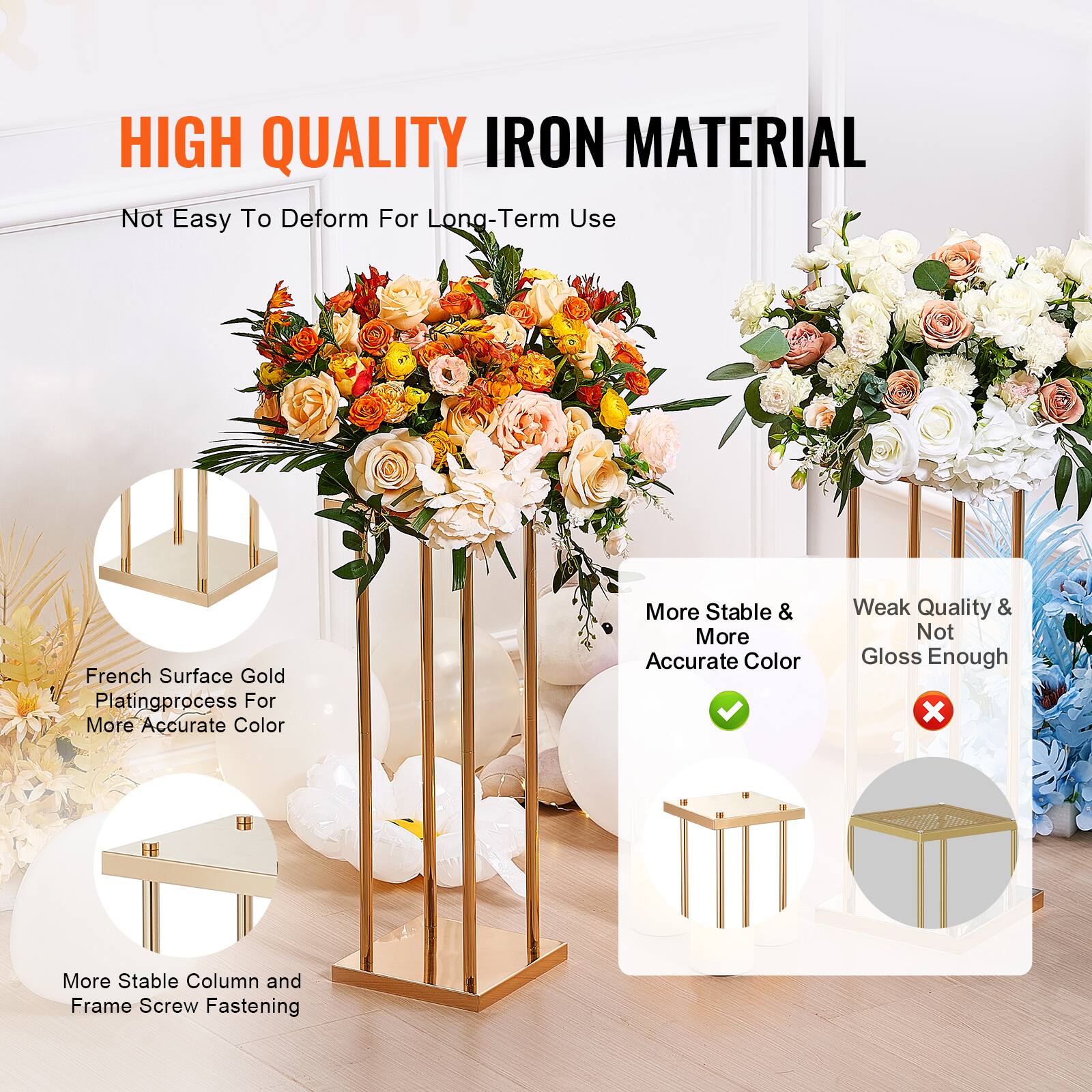 HIGH QUALITY IRON MATERIAL  
Not Easy To Deform For Long-Term Use  

French Surface Gold Plating Process For More Accurate Color  

More Stable Column and Frame Screw Fastening  

More Stable & More Accurate Color  
Weak Quality & Not Gloss Enough