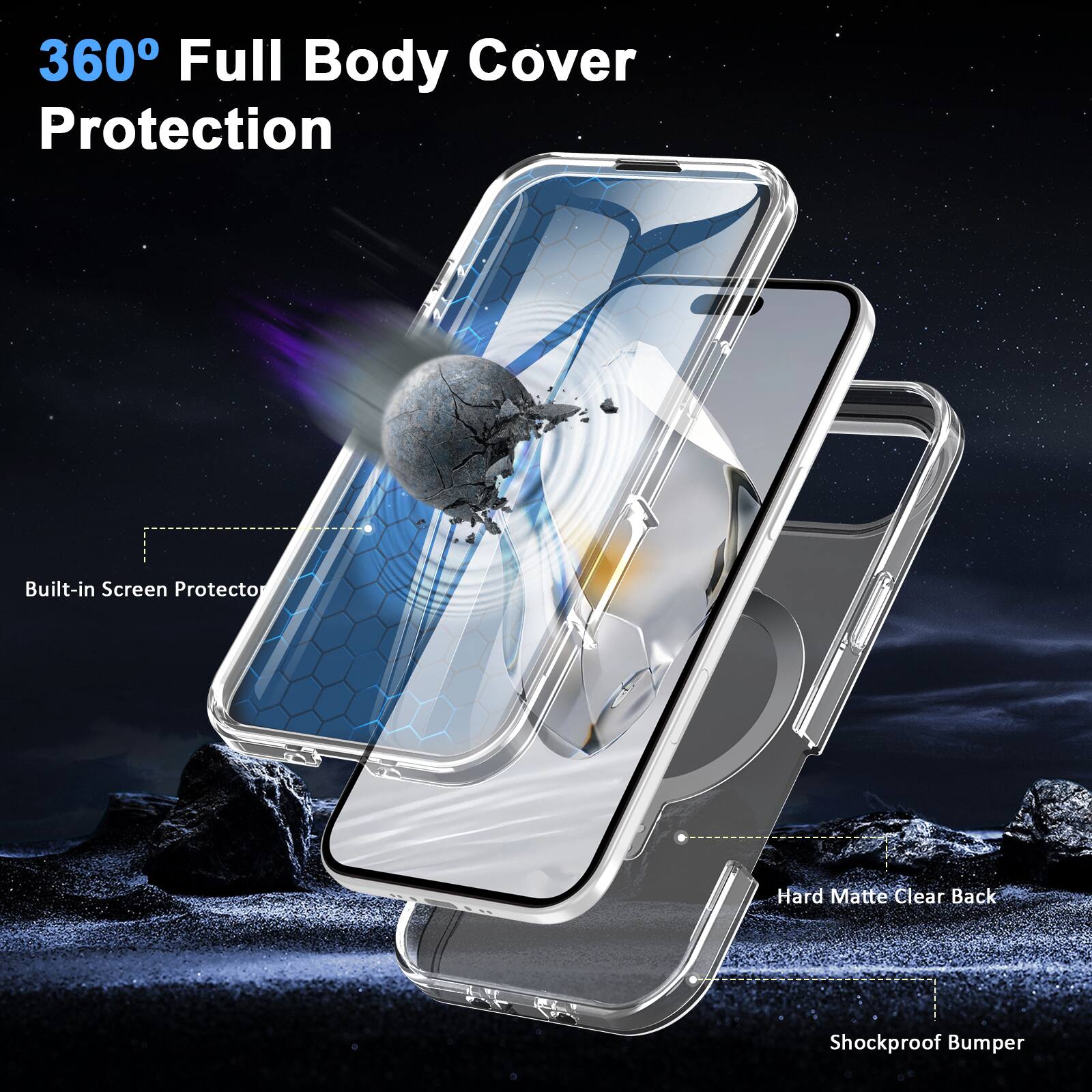 360° Full Body Cover Protection

Built-in Screen Protector

Hard Matte Clear Back

Shockproof Bumper