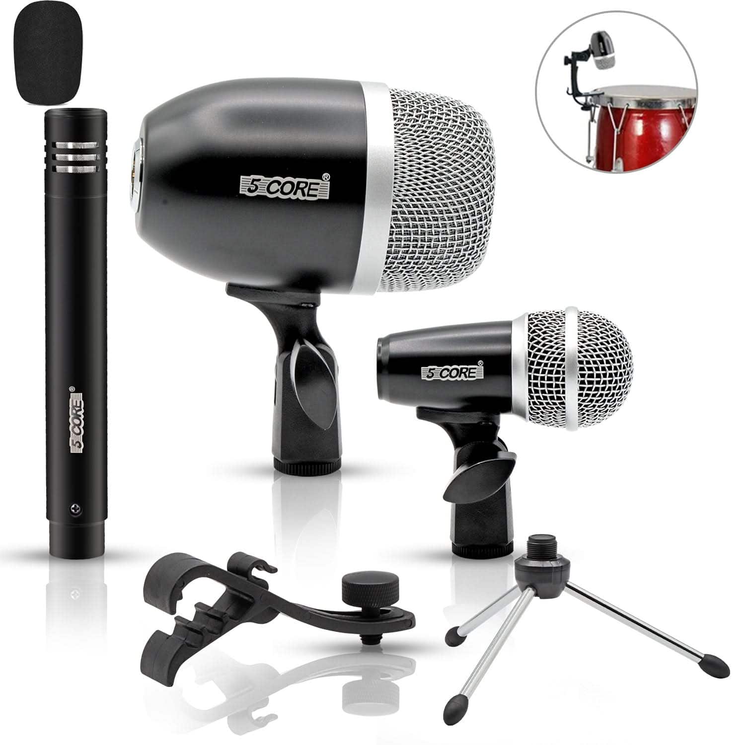 5 CORE - Conga Mic Snare Tom Microphone Drum Kit Condenser XLR Instrument Mics - Black