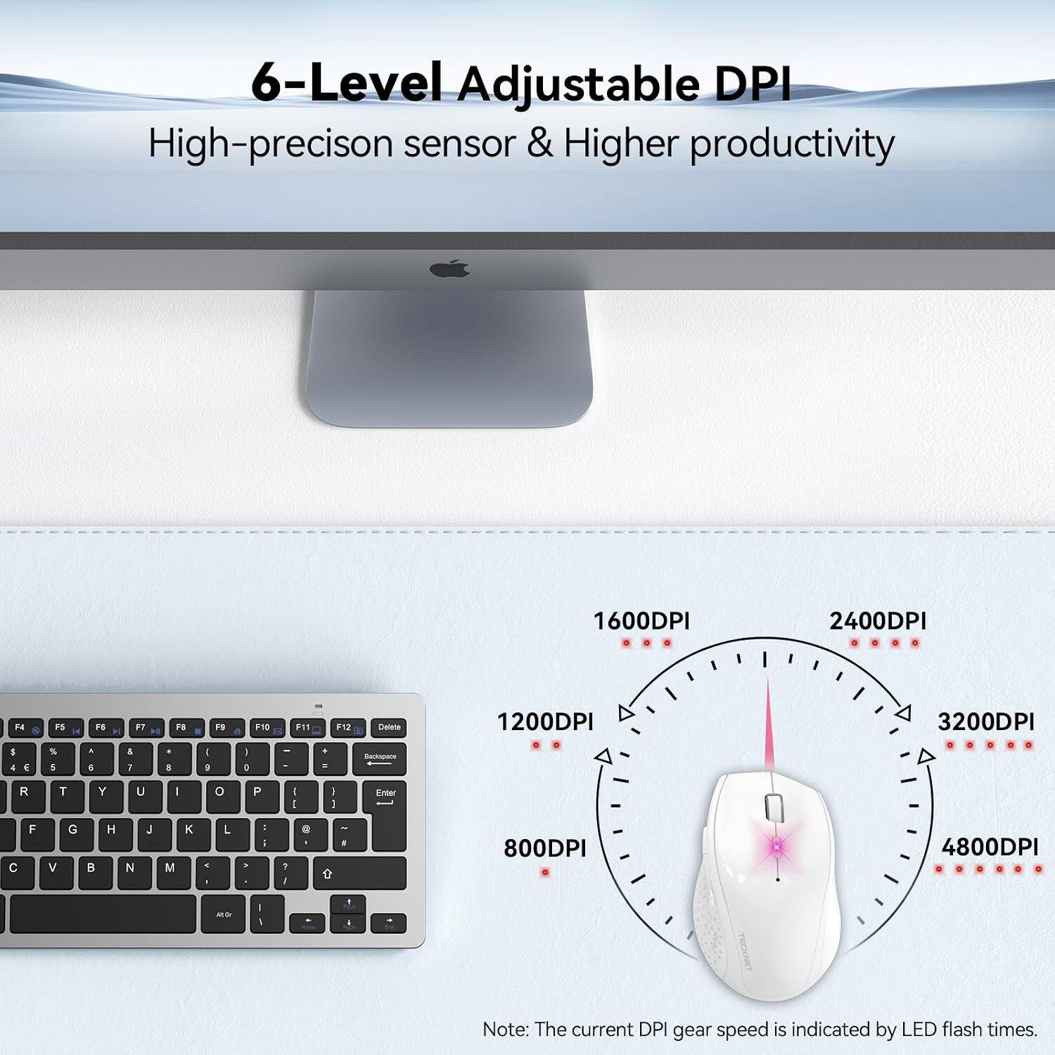 6-Level Adjustable DPI  
High-precision sensor & Higher productivity

1600DPI  
2400DPI  
1200DPI  
3200DPI  
800DPI  
4800DPI

Note: The current DPI gear speed is indicated by LED flash times.