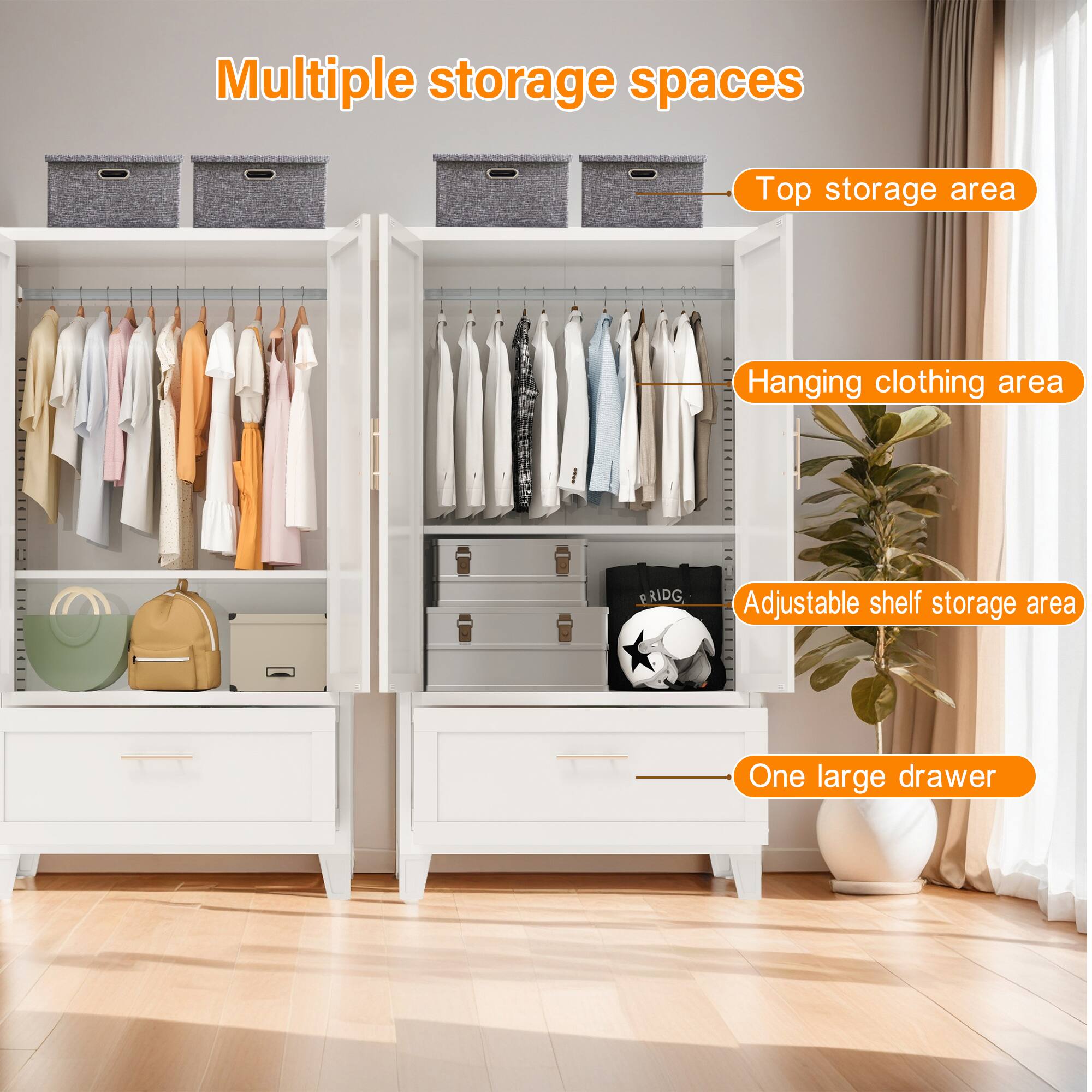 Multiple storage spaces

- Top storage area
- Hanging clothing area
- Adjustable shelf storage area
- One large drawer