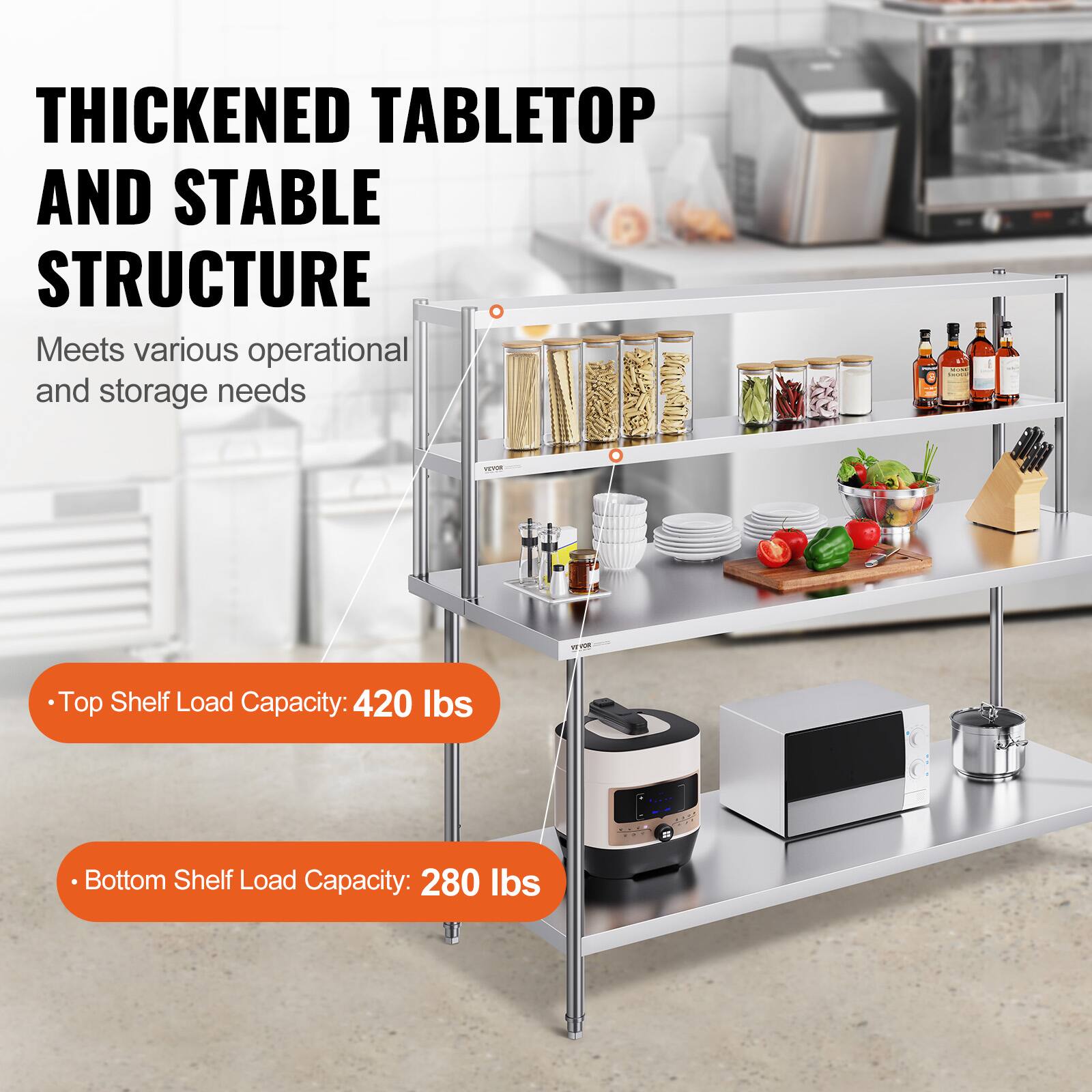 **Thickened Tabletop and Stable Structure**

Meets various operational and storage needs

- Top Shelf Load Capacity: 420 lbs
- Bottom Shelf Load Capacity: 280 lbs