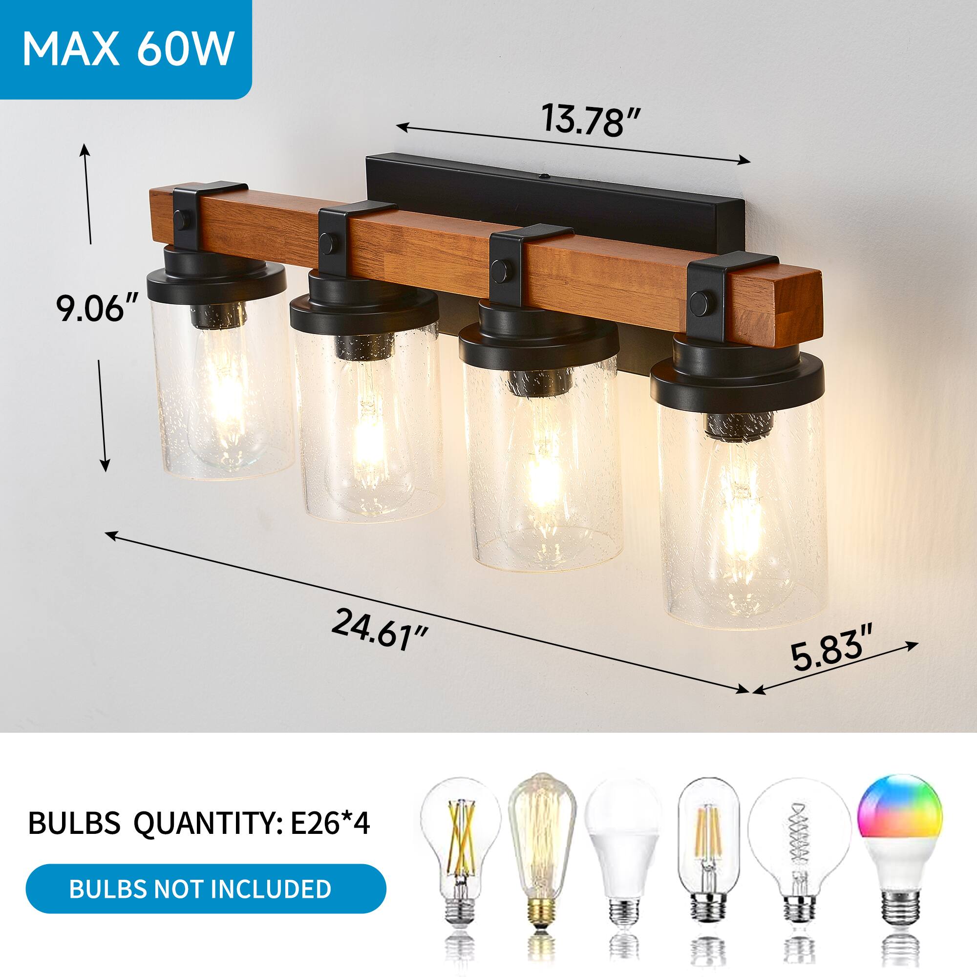 MAX 60W  
13.78"  
9.06"  
24.61"  
5.83"  

BULBS QUANTITY: E26*4  
BULBS NOT INCLUDED