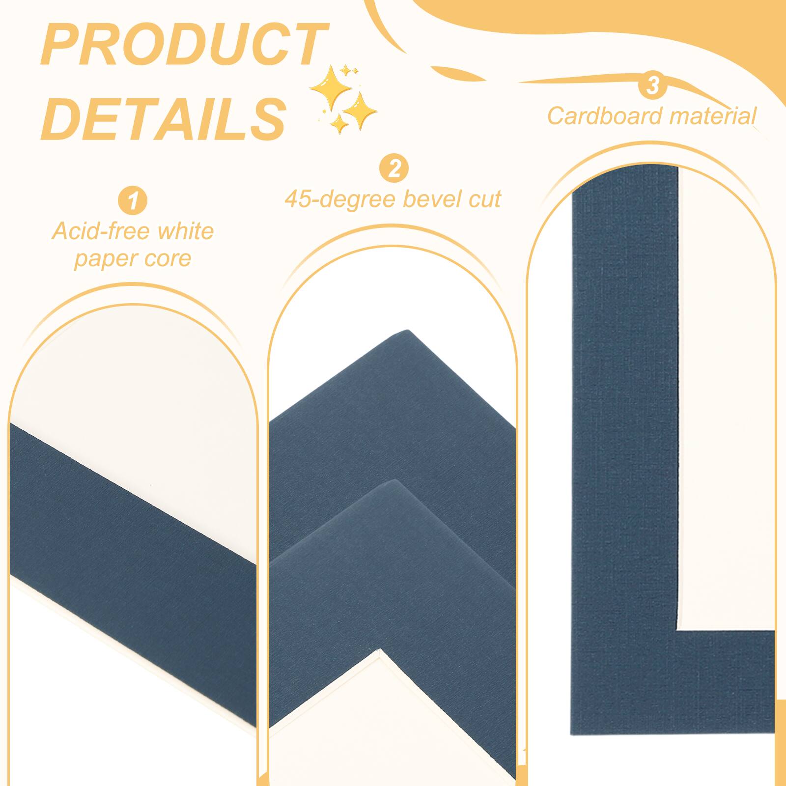 PRODUCT DETAILS

1. Acid-free white paper core
2. 45-degree bevel cut
3. Cardboard material