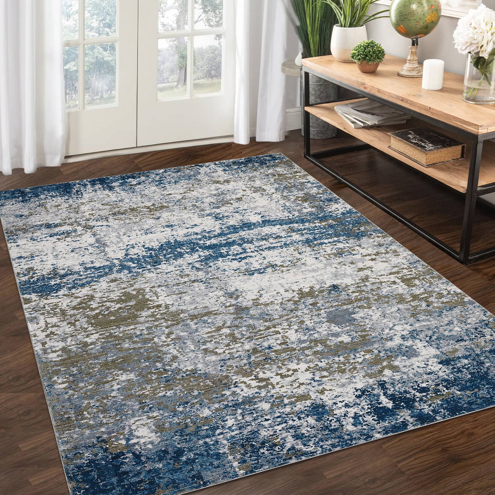 Back. GAOMON - Abstract Textured Area Rug Non Slip Non Shedding Machine Washable Stain Resistant Carpet for Kid's Room Dining Room - Blue.