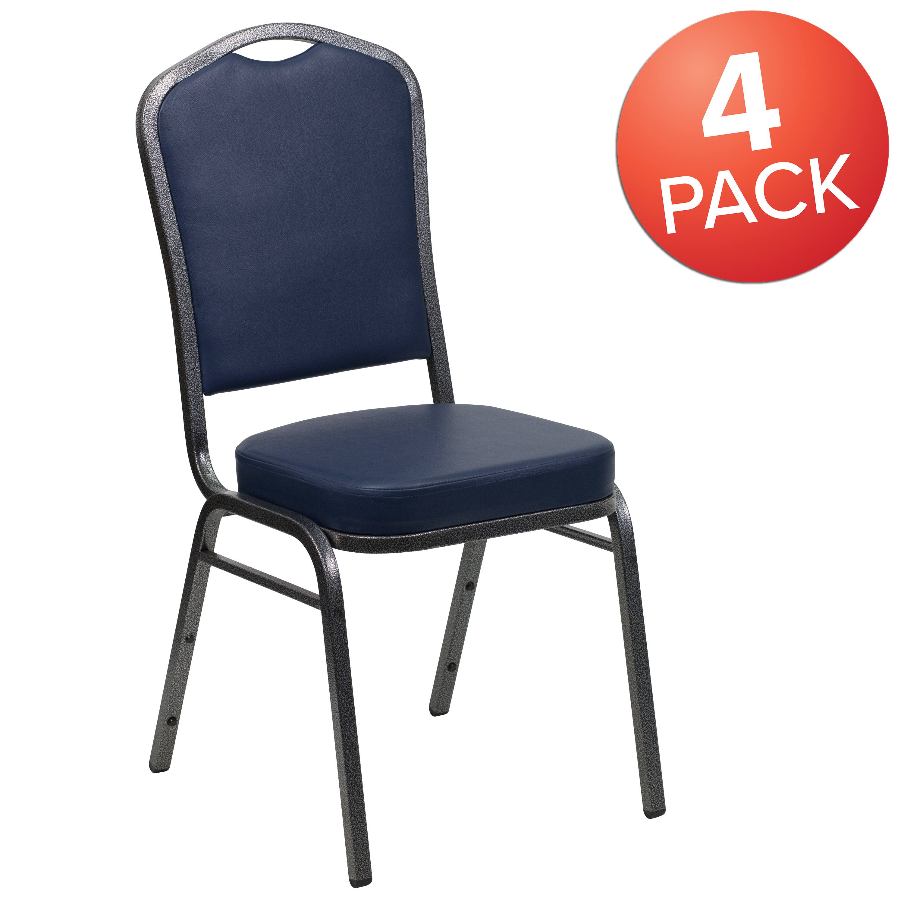 Alt View 1. Emma + Oliver - 4 Pack Crown Back Stacking Banquet Chair - Navy Vinyl/Silver Vein Frame.