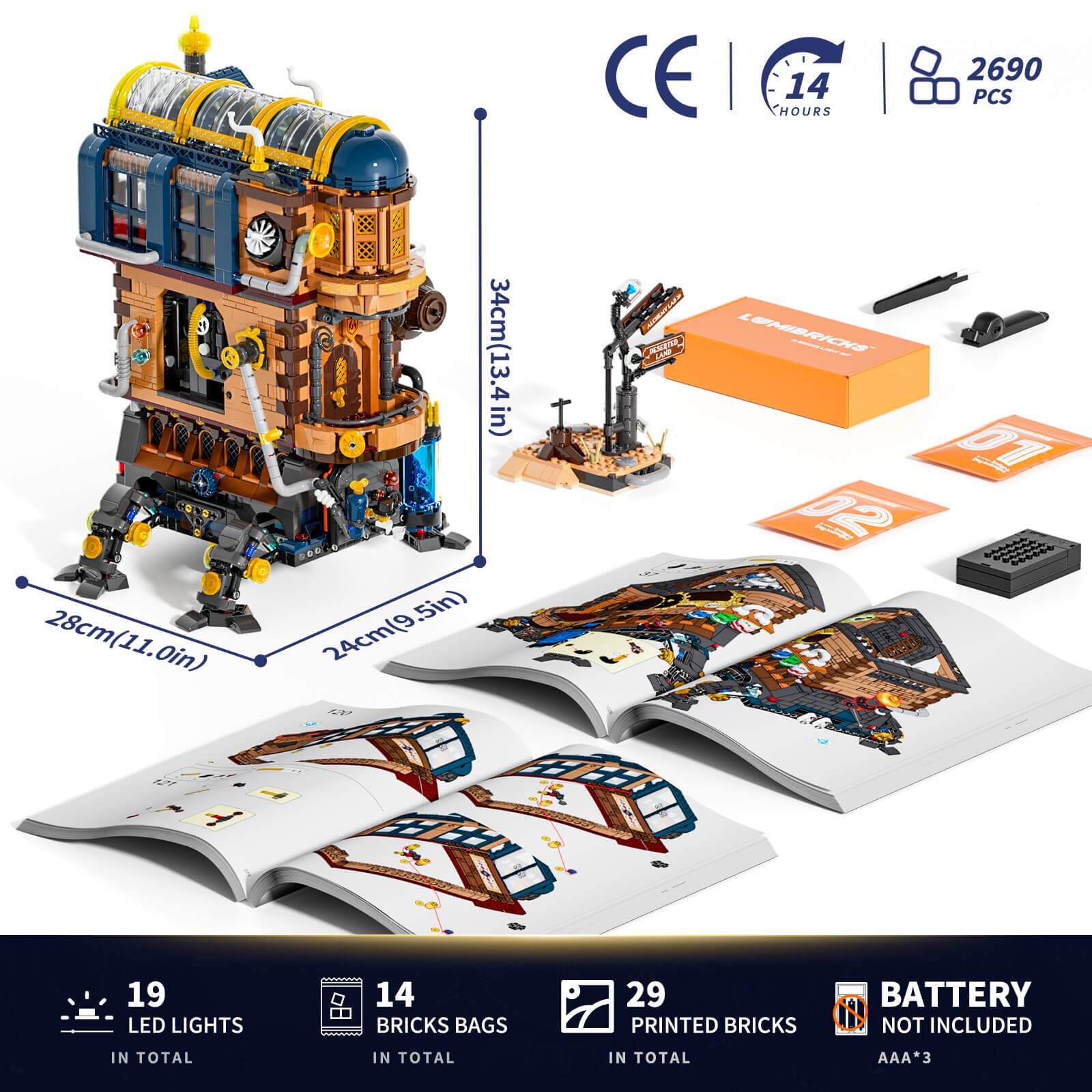 28cm(11.0in)  
34cm(13.4in)  
24cm(9.5in)  

CE  
14 HOURS  
2690 PCS  

19 LED LIGHTS  
14 BRICKS BAGS  
29 PRINTED BRICKS  

BATTERY NOT INCLUDED  
AAA*3