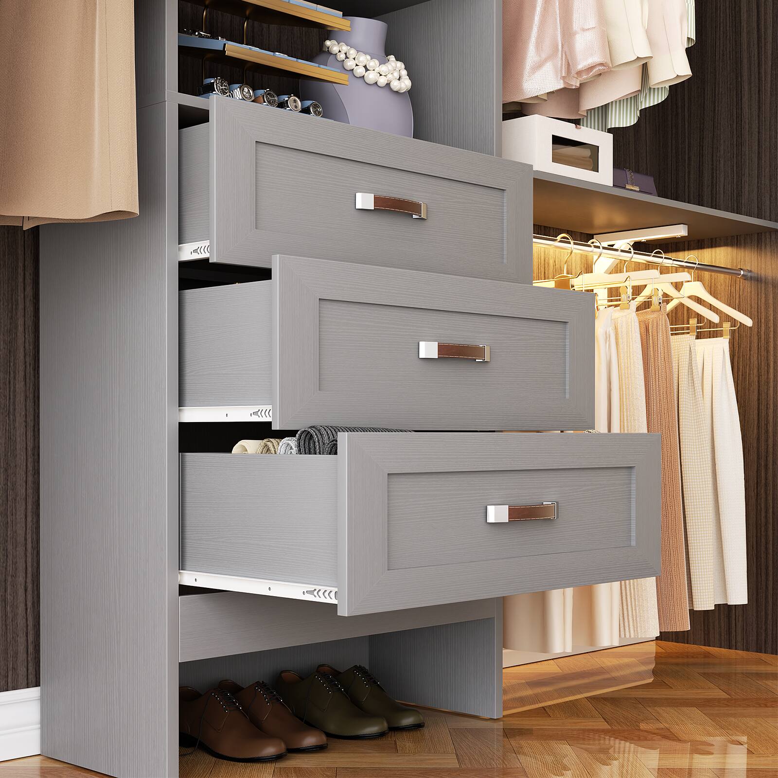 Alt View 2. Aheaplus - 96" Wooden Closet System: 3 Curved Drawers + 3 Hanging Rods and Shelves. Adjustable Walk-in Organizer - Gray.