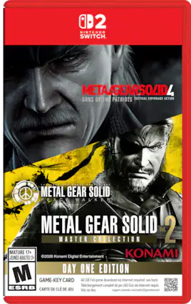 2 NINTENDO SWITCH. METAL GEAR SOLID 4 GUNS OF THE PATRIOTS TACTICAL ESPIONAGE ACTION. METAL GEAR SOLID PEACE WALKER METAL GEAR SOLID Vol 2 MASTER COLLECTION MATURE 17+ KONAMI JEUNES ADULTES 17+ 2026 Konami Digital Entertainment DAY ONE EDITION M GAME-KEY CARD 40 GB Full game download via internet required. see back. Tlchargement complet du jeu (40 Go) via Internet requis. ESRB CARTE DE CLÉ DE JEU Voir au dos. support.nintendo.com/switch2/gamekeycard - M (Mature 17+)