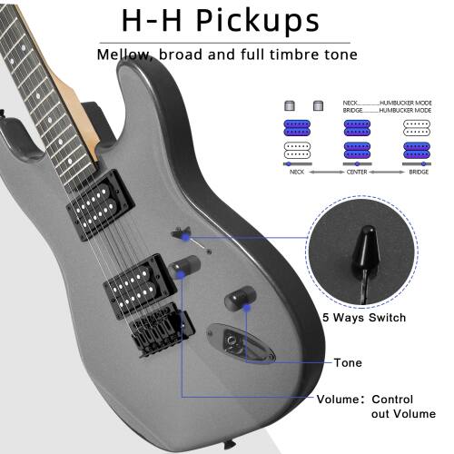 H-H Pickups  
Mellow, broad and full timbre tone  

NECK BRIDGE  
HUMBUCKER MODE  
HUMBUCKER MODE  

NECK  
CENTER  
BRIDGE  

5 Ways Switch  
Tone  
Volume: Control out Volume