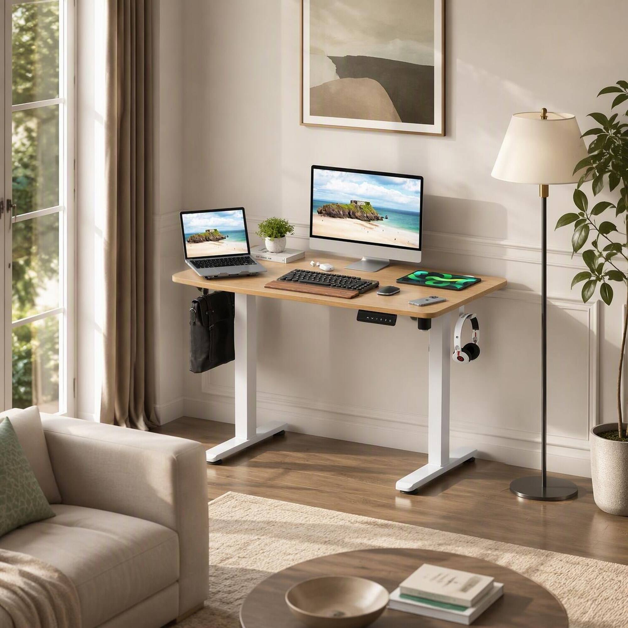 Back. RYHNUYNE - Adjustable Electric Standing Desk, 40 x 24 inch Sit Stand Home Office Desk, Carbon Steel Frame, Memory Control Panel - Natural.