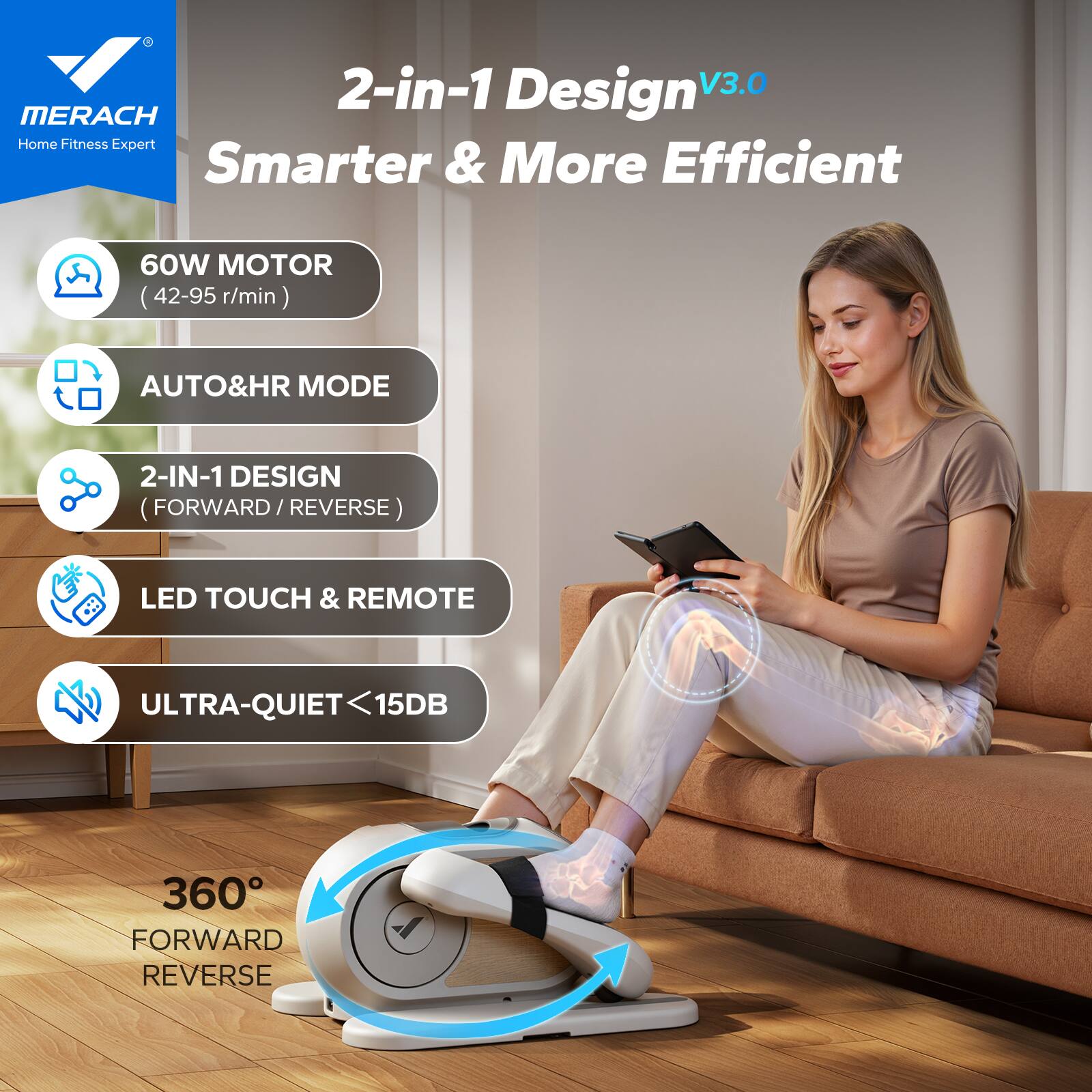 Back. MERACH - MERACH E32 Under Desk Elliptical Machine Leg Exerciser For Home With Remote Control - White.