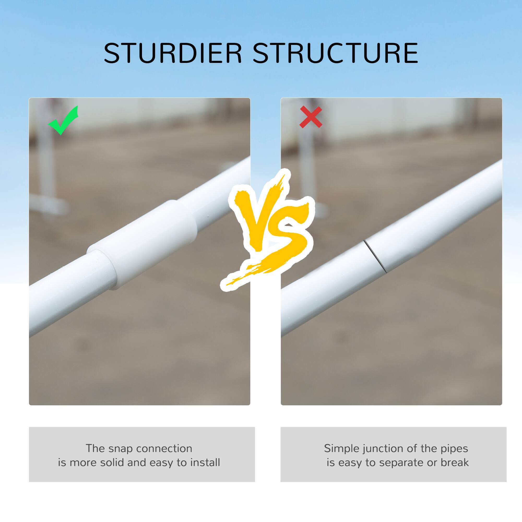 STURDIER STRUCTURE

✓ The snap connection is more solid and easy to install
✗ Simple junction of the pipes is easy to separate or break