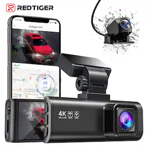 REDTIGER - 4K+1080P 3.18'' Dual Dash Cam , Night Vision , 64 GB , WiFi , GPS - Black
