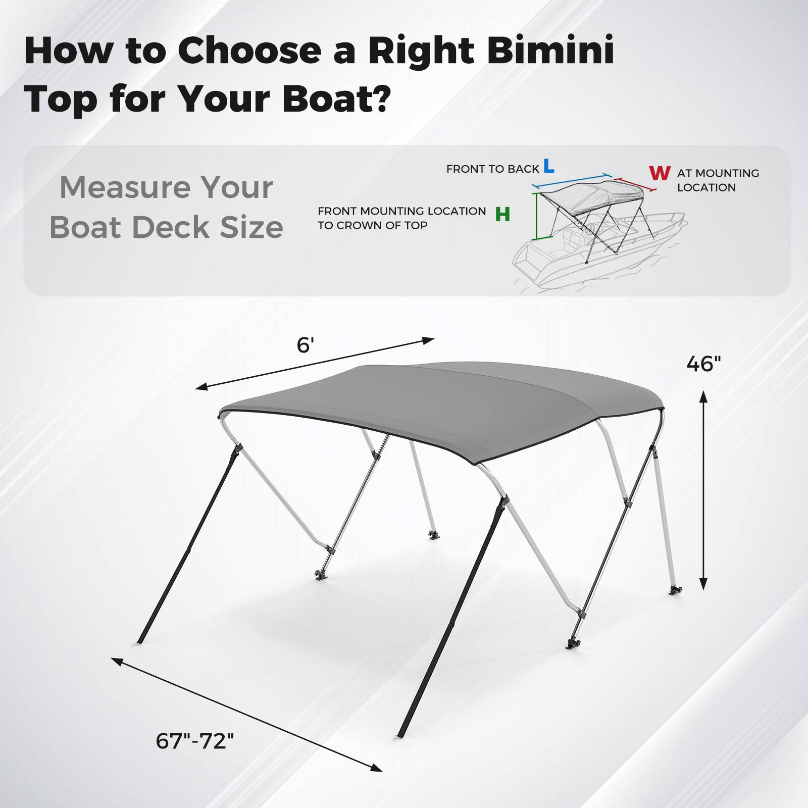 How to Choose a Right Bimini Top for Your Boat?

Measure Your Boat Deck Size

- FRONT TO BACK L
- FRONT MOUNTING LOCATION H TO CROWN OF TOP
- W AT MOUNTING LOCATION

6' 46" 67"-72"
