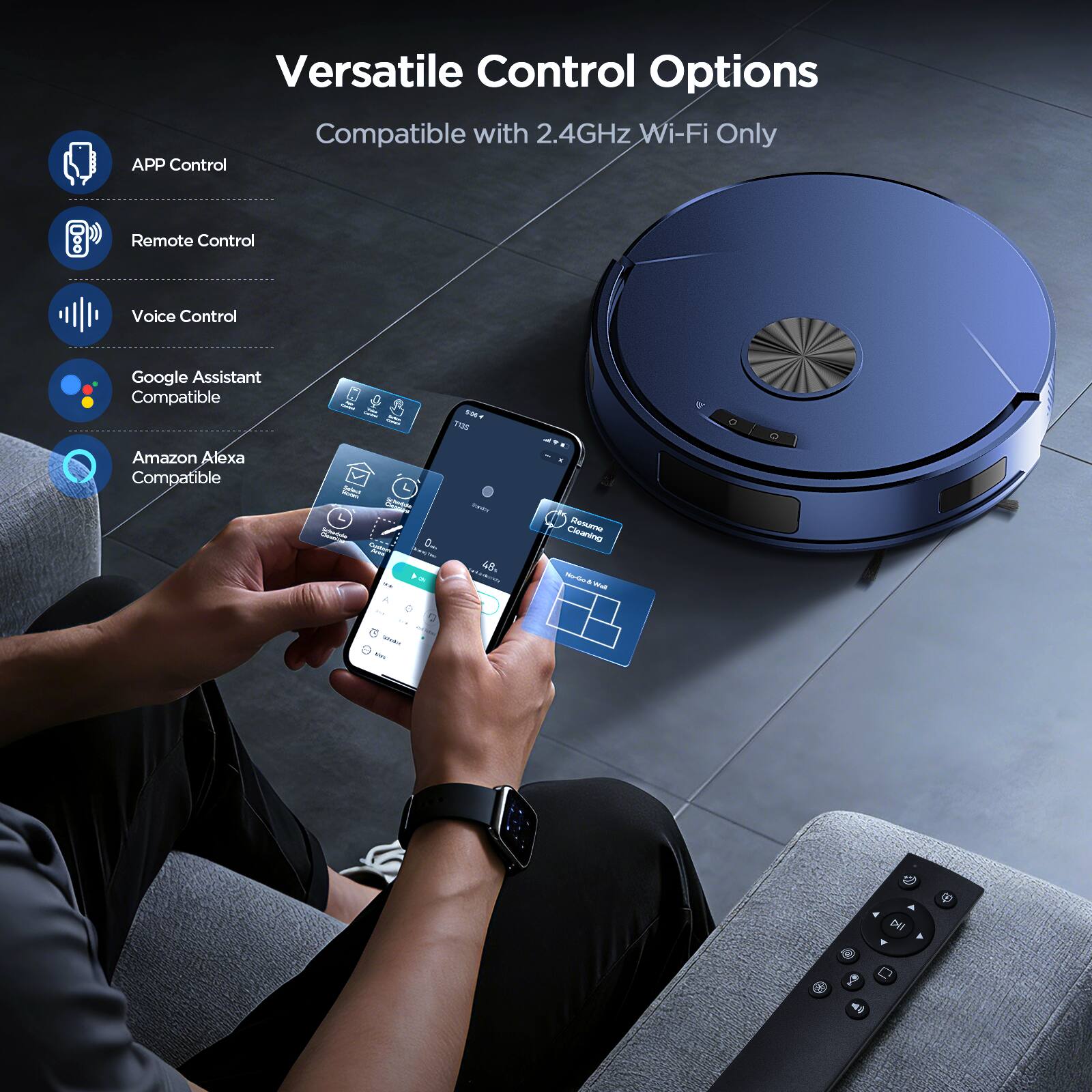Versatile Control Options  
Compatible with 2.4GHz Wi-Fi Only  
- APP Control  
- Remote Control  
- Voice Control  
- Google Assistant Compatible  
- Amazon Alexa Compatible