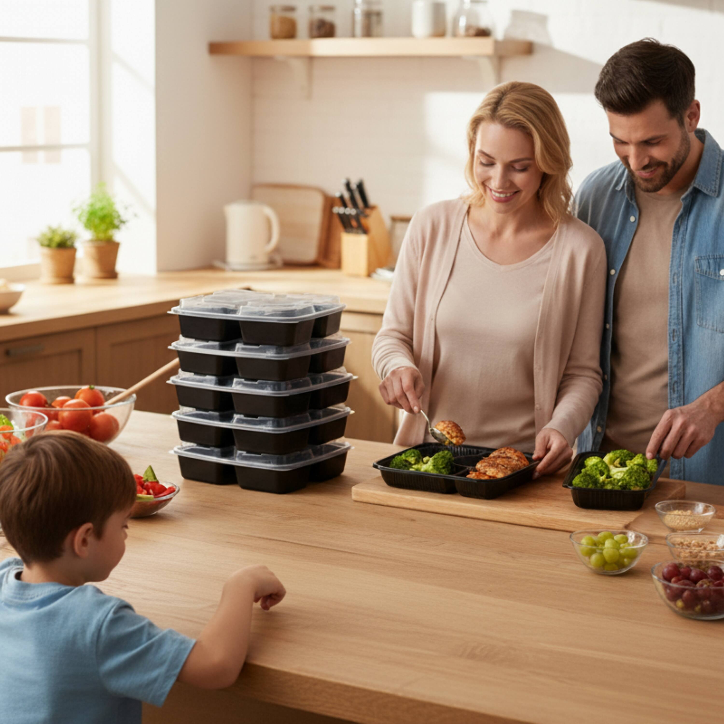 Alt View 3. Eco Harmony Products - Microwaveable Compartmental Container (Rectangular) with Lid 3-compartment, 39oz, 150-Pack - Black.