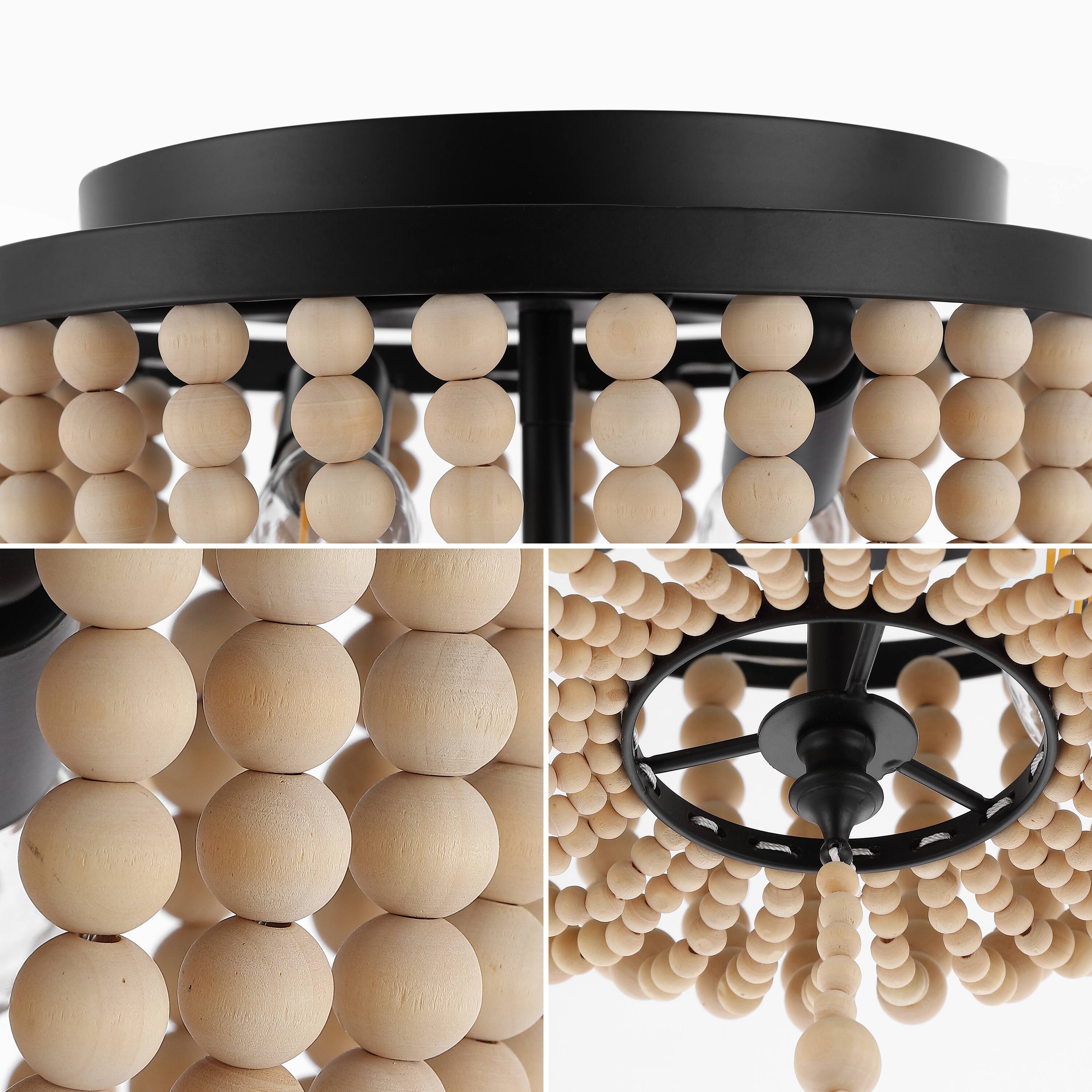Alt View 4. Jonathan Y - Allison 10" 2-Light Shabby Chic Farmhouse Wood Beaded/Metal LED Flush Mount, Black/Cream - Black/Cream.