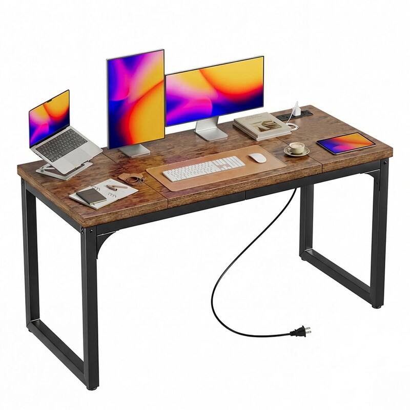 Left. Dyonery - Dyonery 55-in computer desk, metal frame, rechargeable,  corner-style desk, suitable for office use in living rooms - Brown.