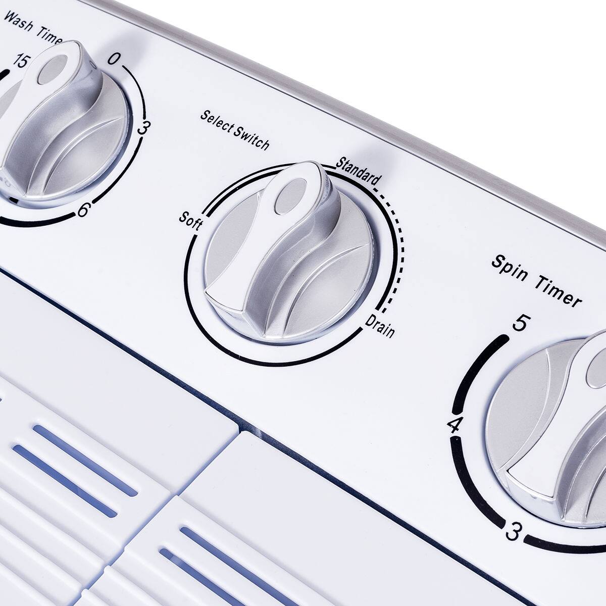 Wash Time: 15, 30, 45, 60, 90
Select Switch: Soft, Standard, Drain, Spin, Timer

The image shows a control panel for a washing machine with several buttons and knobs for different settings. The text on the image provides information about the available options for each button or knob.