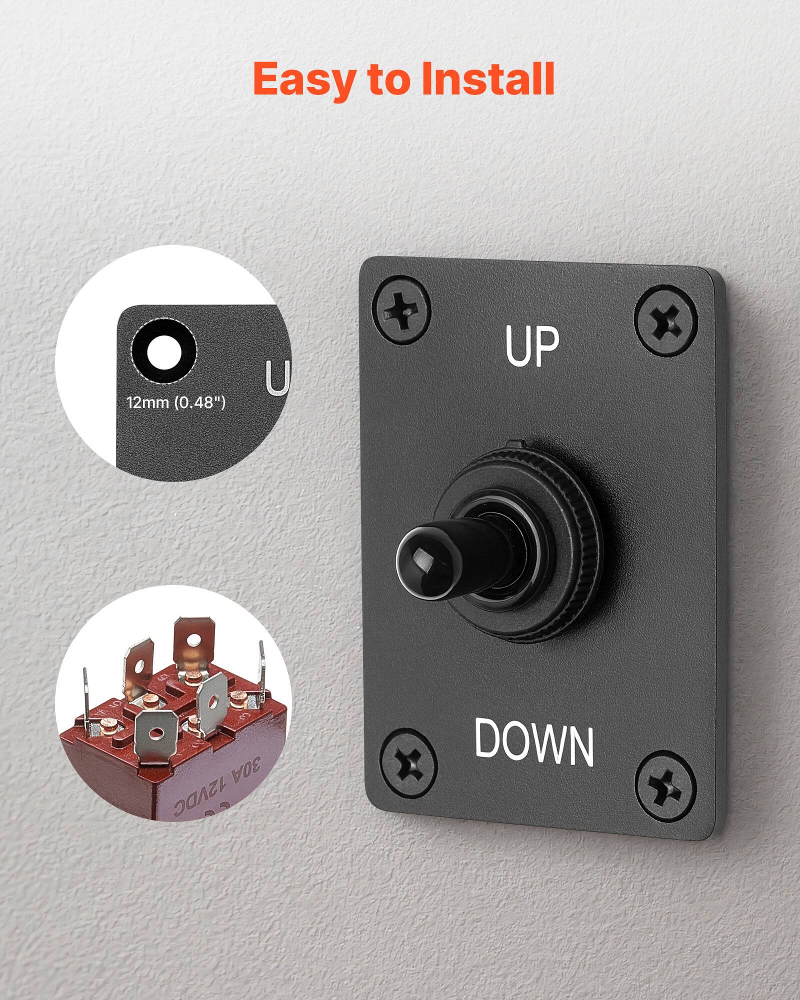 Easy to Install

12mm (0.48") U + UP x 30A 12VDC DOWN