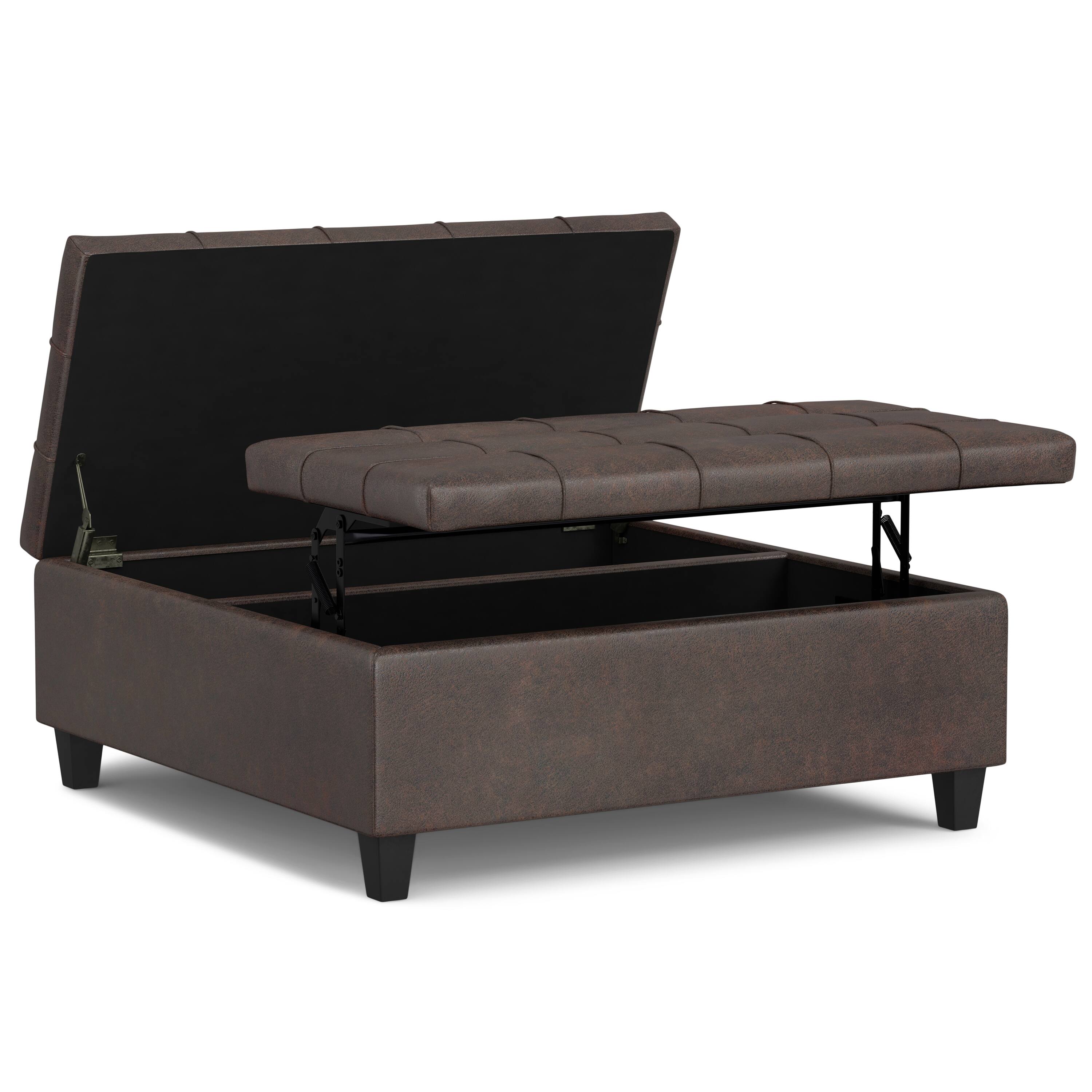 Alt View 11. Simpli Home - Harrison Large Square Coffee Table Storage Ottoman - Distressed Brown.