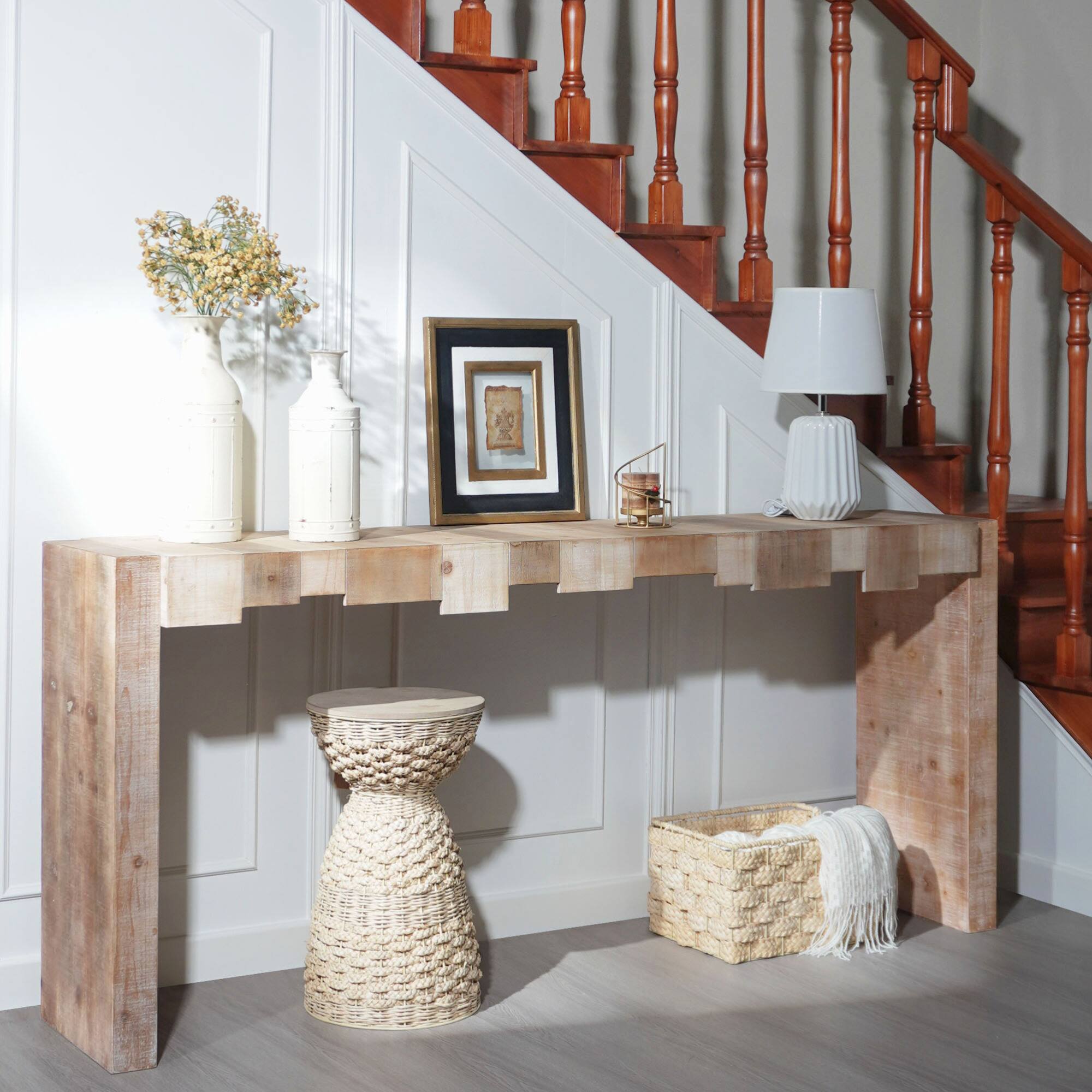 Back. GOODSILO - Modern Rustic Entryway Console Table with Sculpted Block Design - Narrow Sofa Table for Hallway or Living Room - Multicolor.