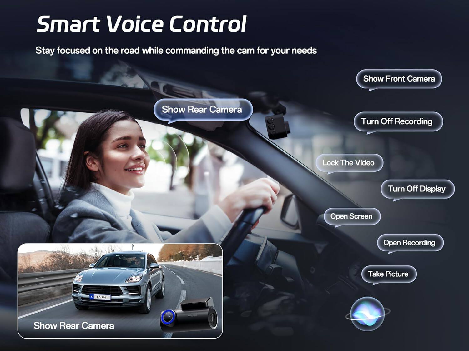 Smart Voice Control  
Stay focused on the road while commanding the cam for your needs  
- Show Front Camera  
- Show Rear Camera  
- Turn Off Recording  
- Lock The Video  
- Turn Off Display  
- Open Screen  
- Open Recording  
- Take Picture