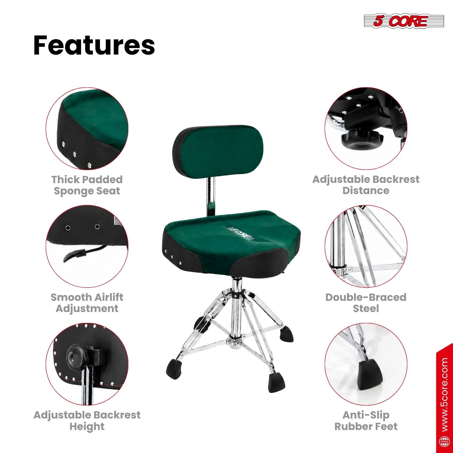 Features  
- Thick Padded Sponge Seat  
- Adjustable Backrest Distance  
- Smooth Airlift Adjustment  
- Adjustable Backrest Height  
- Double-Braced Steel  
- Anti-Slip Rubber Feet  

www.5core.com