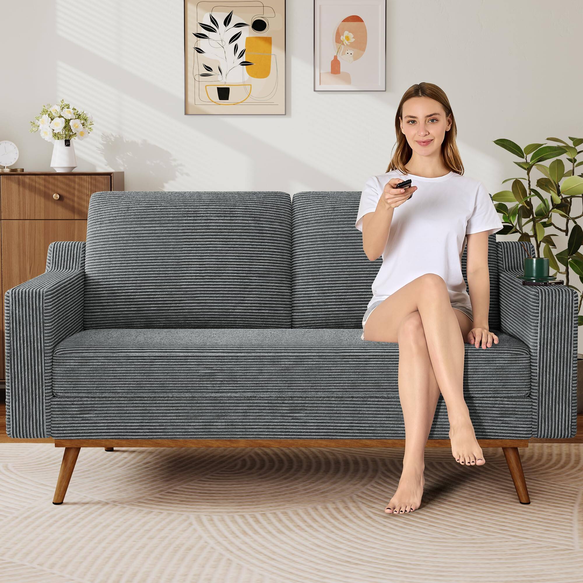 Alt View 5. Dyonery - 65.4" Loveseat Sofa,Comfy  Cotton Terry Cloth Love Seat Couches for Living Room,Mid Century Modern Small Couch - Grey.