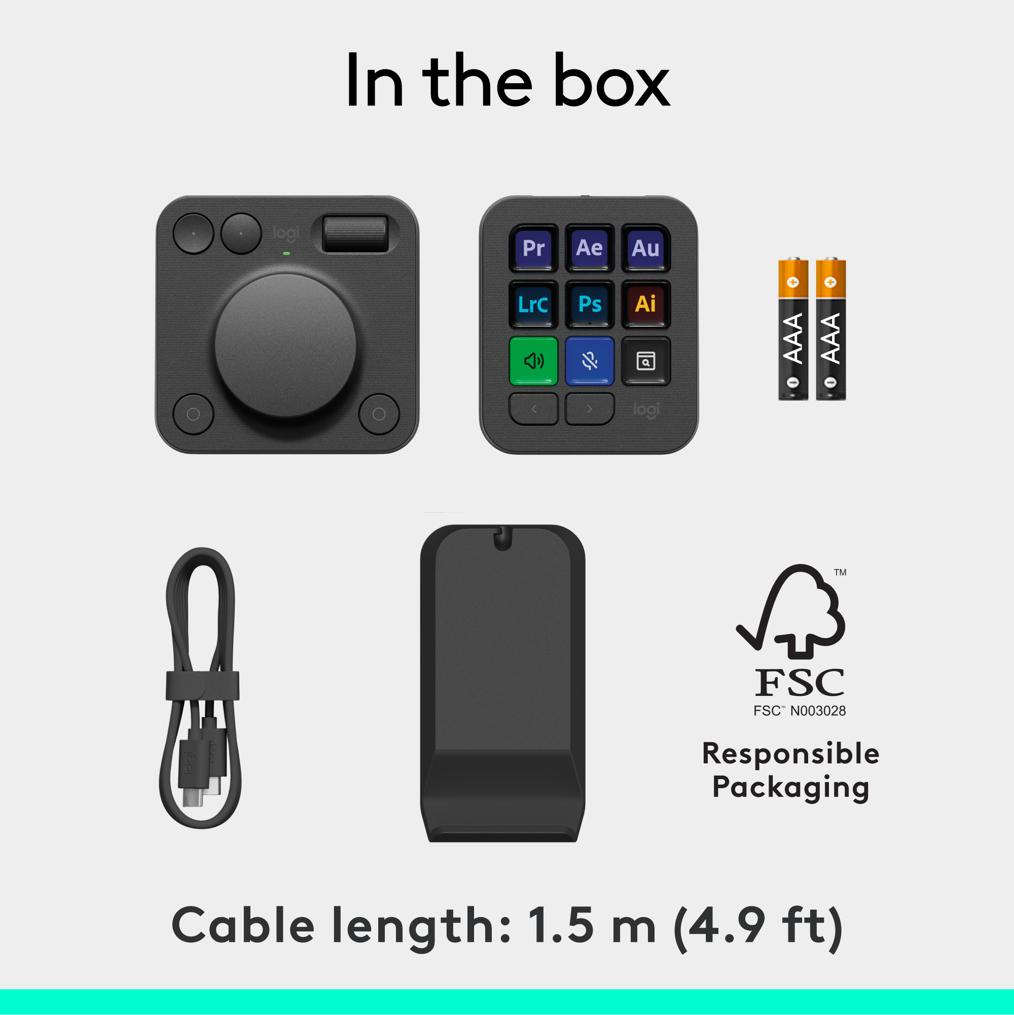 In the box, you will find a Logi Tech product with a cable length of 1.5 meters (4.9 feet). The product is designed with responsible packaging in mind, as indicated by the FSC logo.