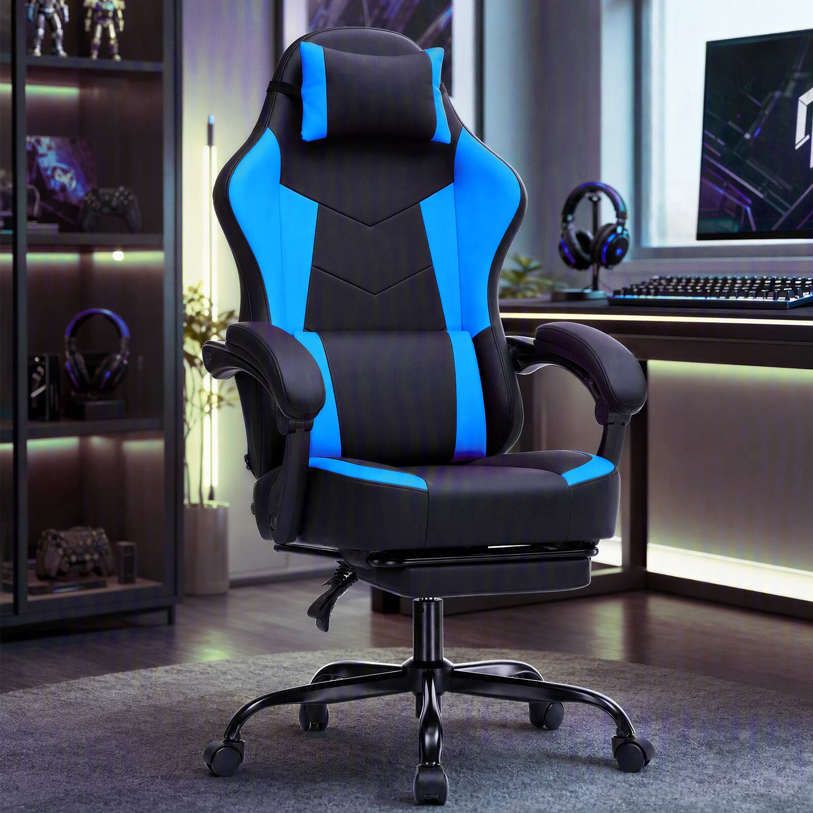 Alt View 3. GTPlayer - Racing Style Gaming Chair with Footrest High Back Ergonomic Computer Chair with Linkage Armrests - Blue.